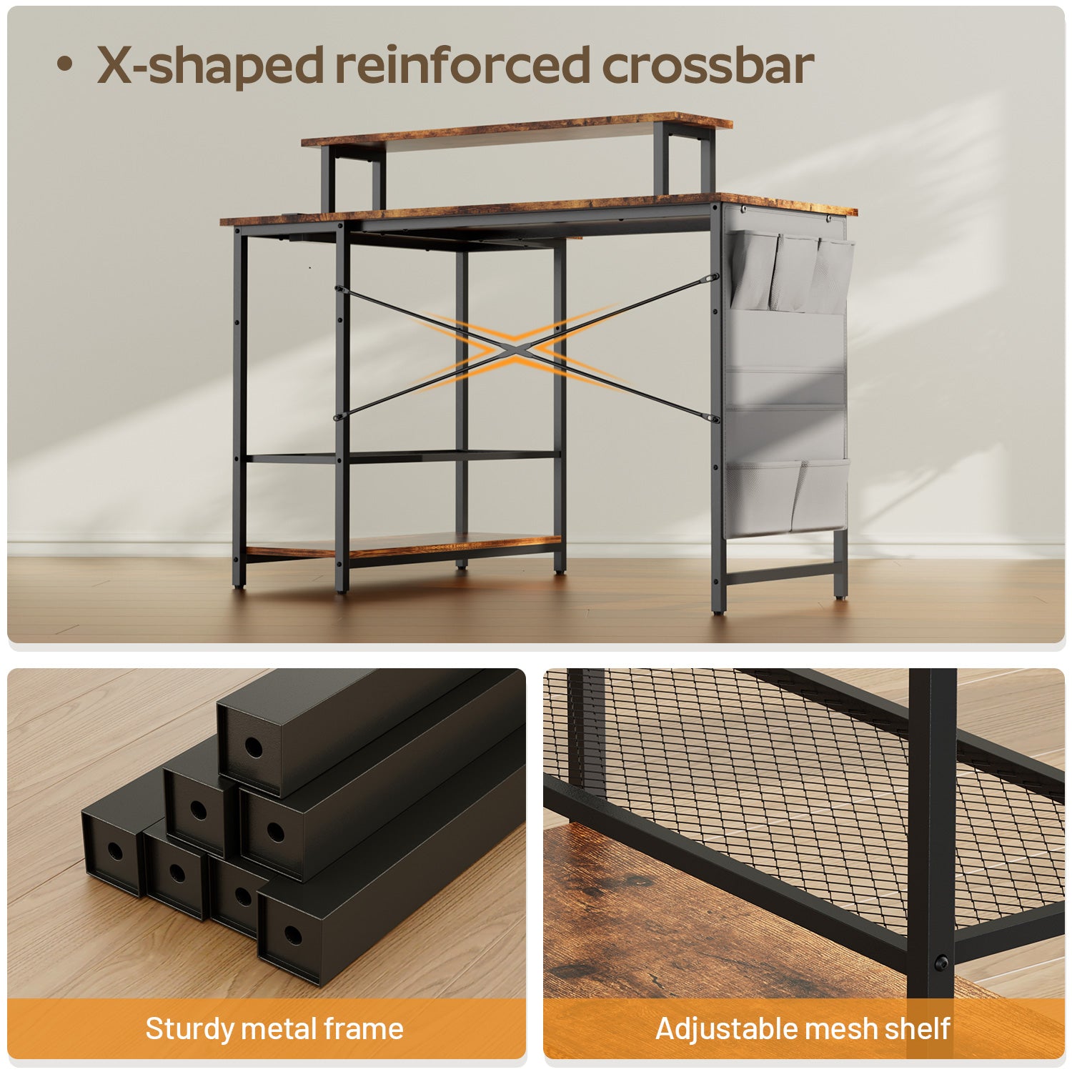 Computer Desk with Power Outlet & LED Lights, L Shaped Desk with Storage Shelves
