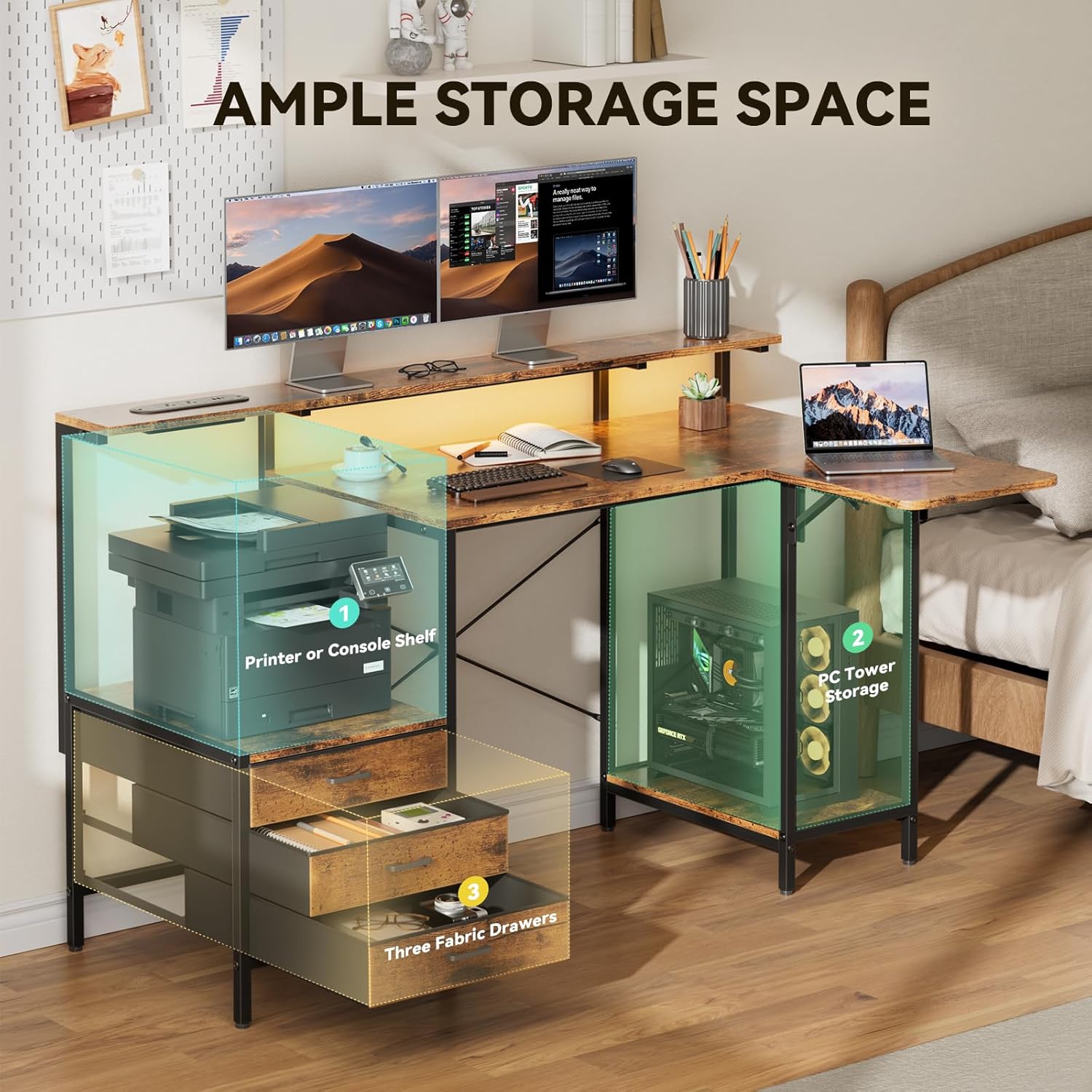 HLDIRECT 55 inch Gaming Desk with Power Outlets & LED Lights, Computer Desk with 3 drawers & Storage Shelves, Gaming Table with Monitor Stand and Foldable Tabletop