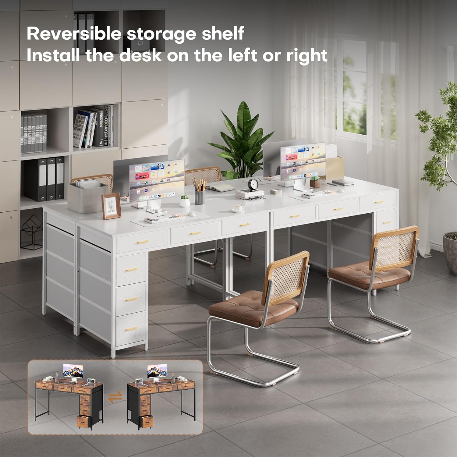 HLDIRECT 47 inch Computer Desk with 6 Drawers, Reversible Home Office Desk with Storage, Office Desk for Home Office, Writing, Study, Work, Living Room