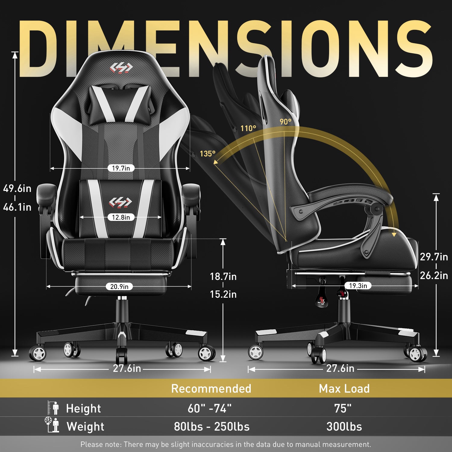 Gaming Chair with Pocket Spring Cushion, Video Game Chair, Gaming Computer Chair, Ergonomic Chairs with Headrest and Lumbar Support for Adults, Swivel PU Leather Office Chair, White & Black