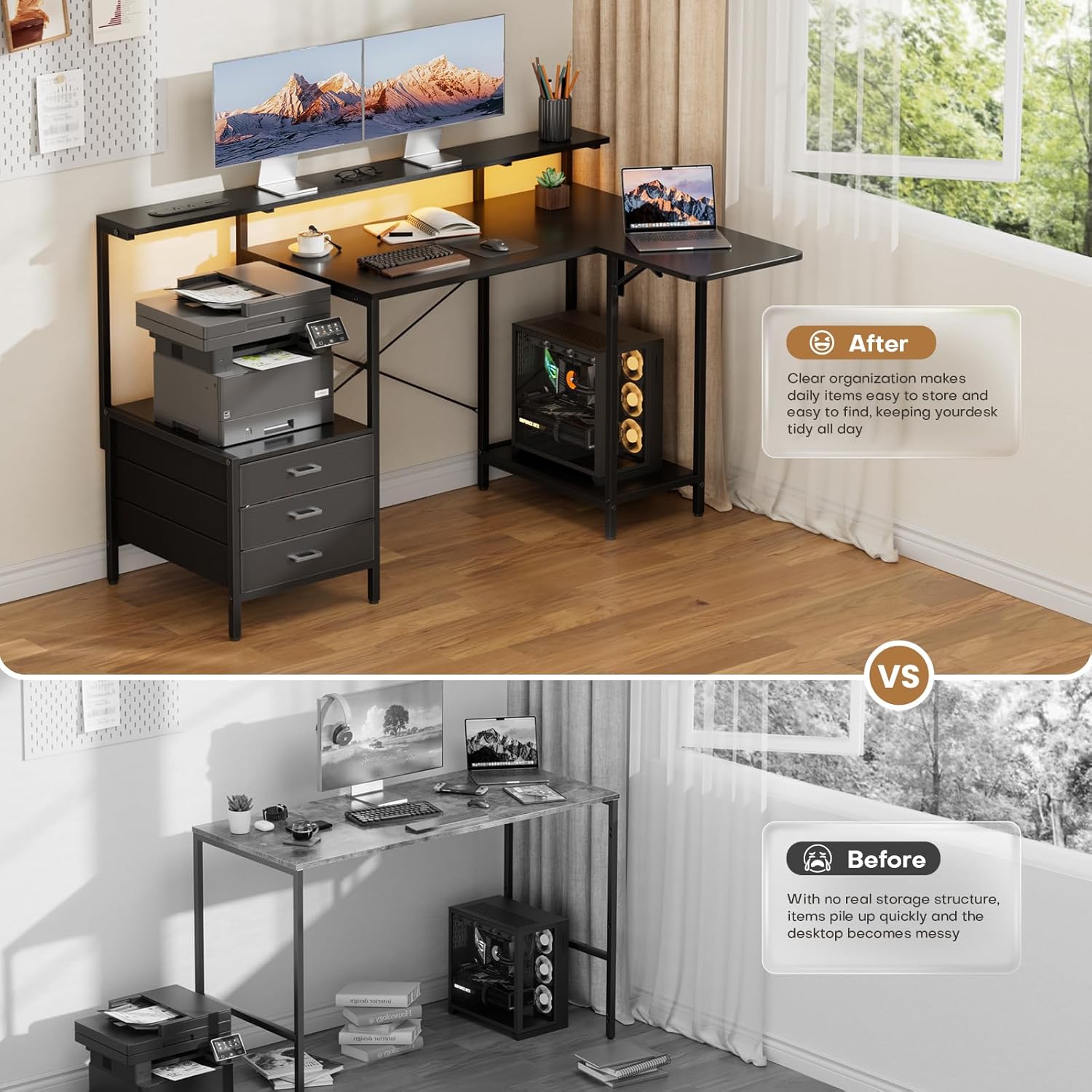 HLDIRECT 55 inch Gaming Desk with Power Outlets & LED Lights, Computer Desk with 3 drawers & Storage Shelves, Gaming Table with Monitor Stand and Foldable Tabletop