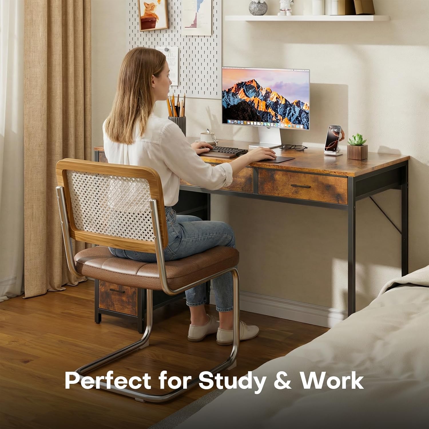 HLDIRECT 47 inch Computer Desk with 6 Drawers, Reversible Home Office Desk with Storage, Office Desk for Home Office, Writing, Study, Work, Living Room