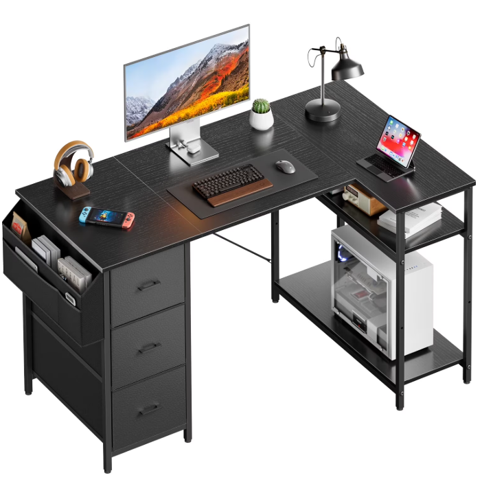 HLDIRECT L Shaped Computer Desk with Drawers & Storage Shelves