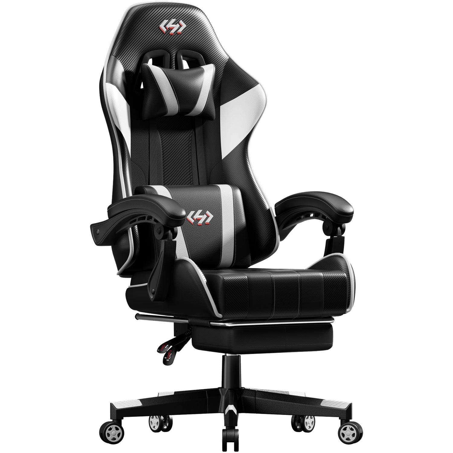 Gaming Chair with Pocket Spring Cushion, Video Game Chair, Gaming Computer Chair, Ergonomic Chairs with Headrest and Lumbar Support for Adults, Swivel PU Leather Office Chair, White & Black