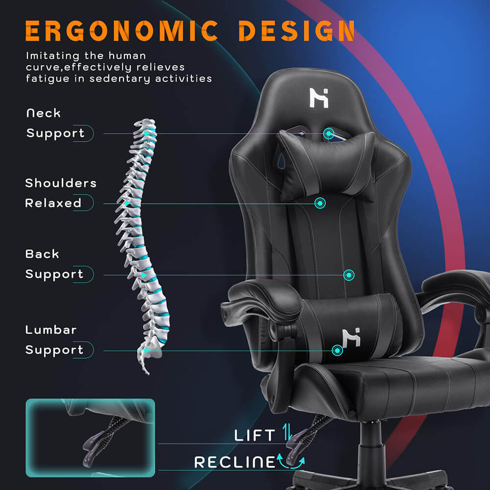 HLDIRECT Gaming Chair Adjustable Height Chair with Headrest Lumbar Support, Black