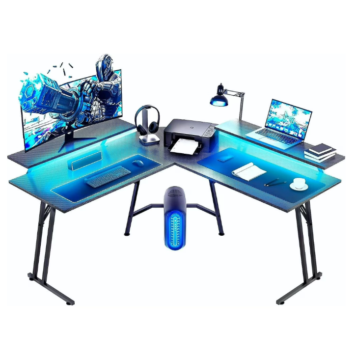 HLDIRECT 51 Inch L Shaped Gaming Desk with Monitor Stand, Corner Computer Desk with Carbon Fiber Surface, Space Saving PC Gaming Table for Home Office Writing Workstation, Easy to Install, Black
