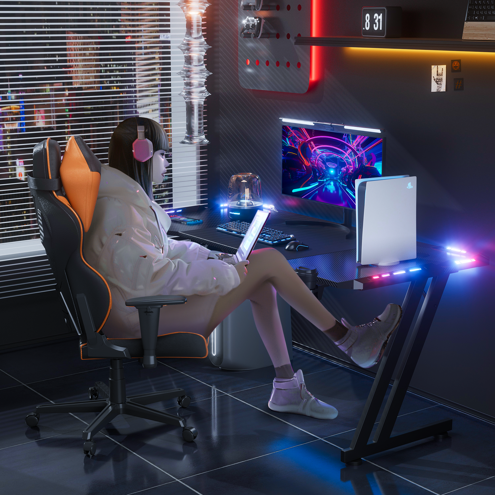 HLDIRECT 63 inch Gaming Desk with LED, PC Table with Cup Holder&Headphone Hook for Adult and Teen