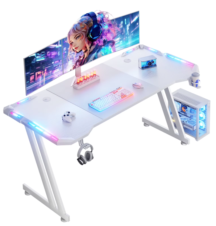 Gaming Desk with LED Lights Carbon Fibre Surface Gaming Table, White