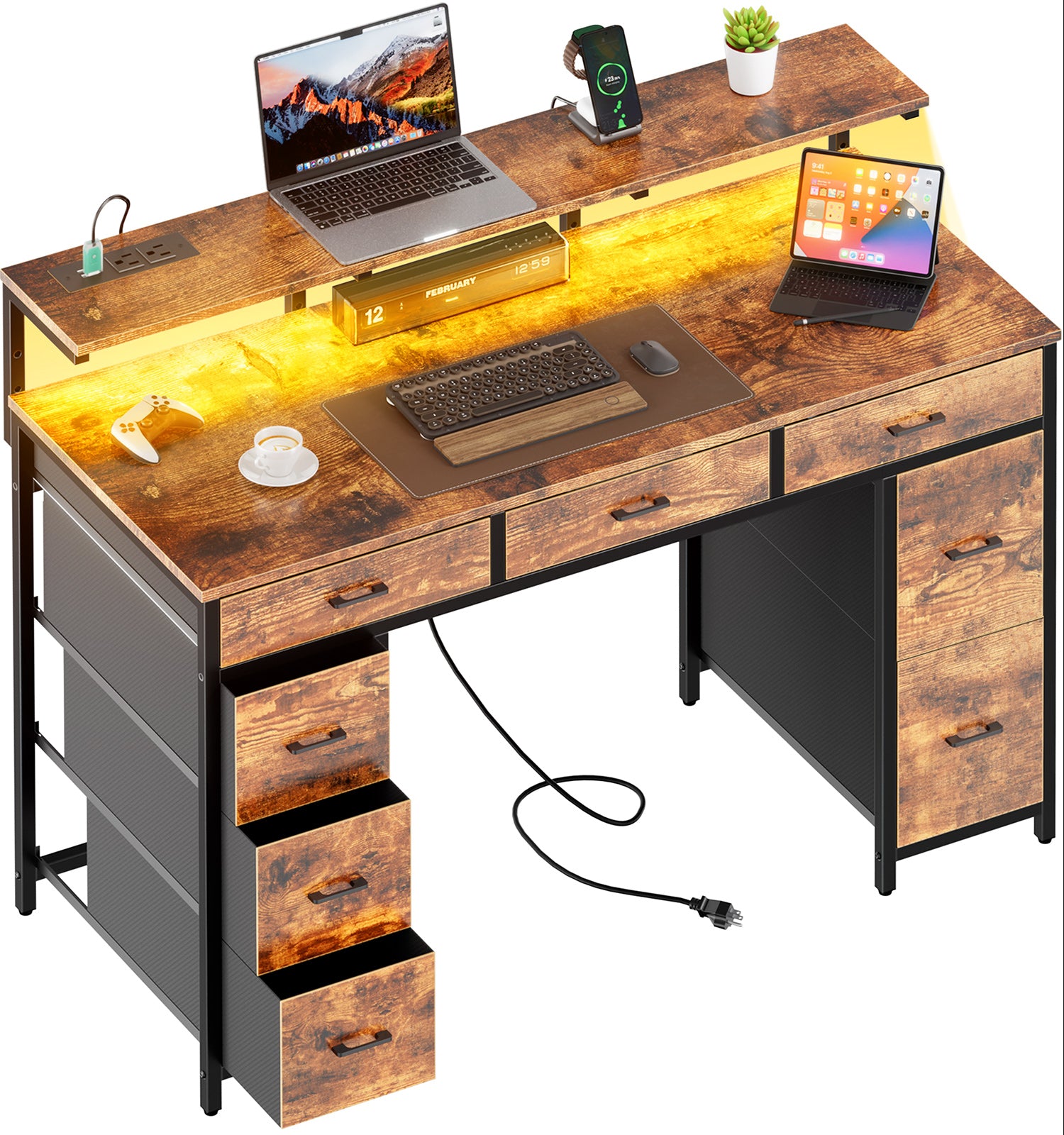 47 inch Computer Desk with 8 Storage Drawers, Gaming Desk with LED Lights & USB Power Outlets