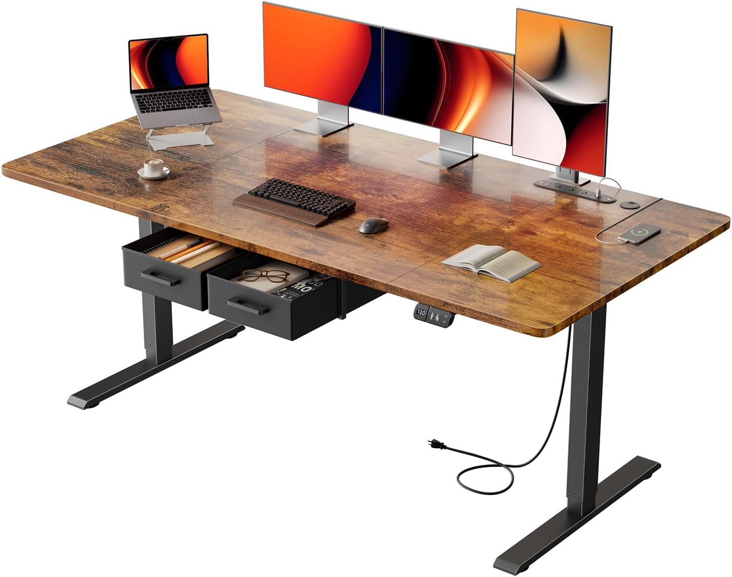63×31.5 inches Electric Standing Desk with Drawers & Storage,  Height Adjustable Desk with Power Outlets & USB Ports, Stand Up Desk, Sit Stand Desk for Home, Office