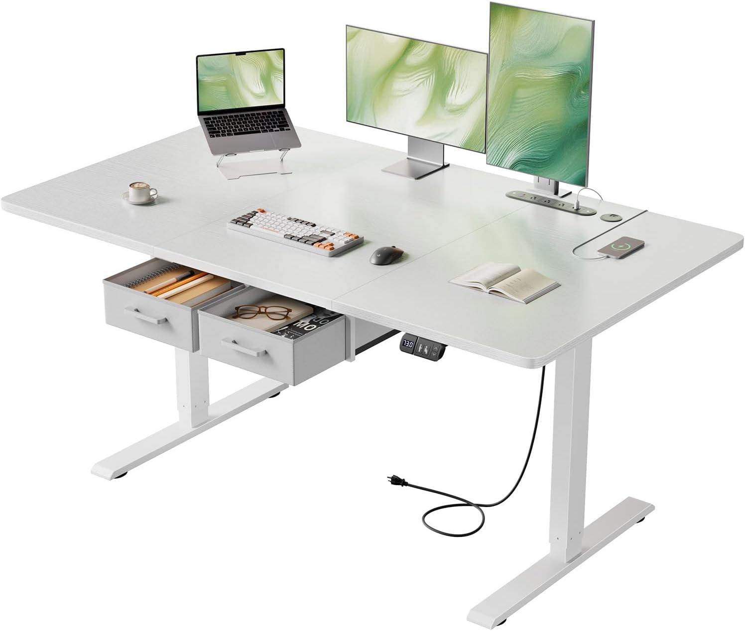 Electric Standing Desk with Drawers & Storage, Height Adjustable Desk with Power Outlets & USB Ports, Stand Up Desk, Sit Stand Desk for Home, Office