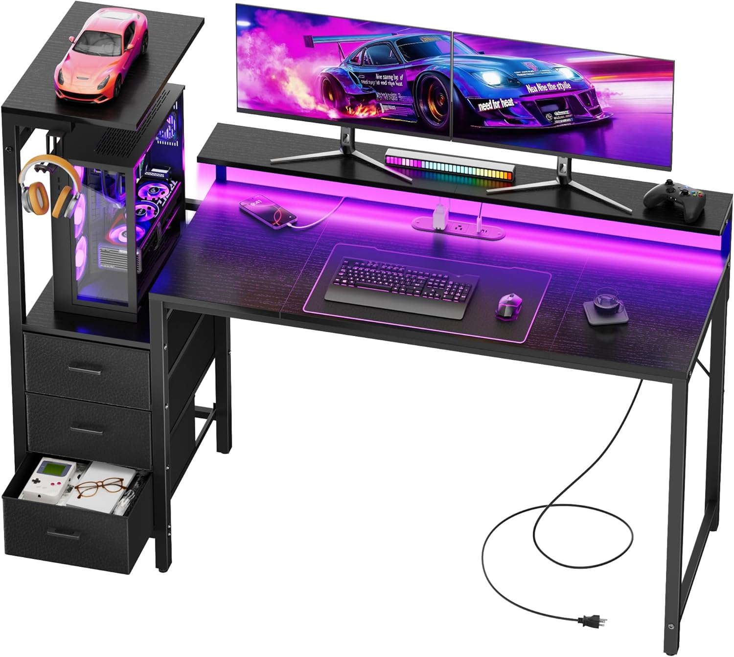 60 inch Gaming Desk with Led Lights & Outlets, Computer Desk with 3 Drawers & Shelves, Gamer Desk with Monitor Stand & Side Hooks for Game Room, Home Office
