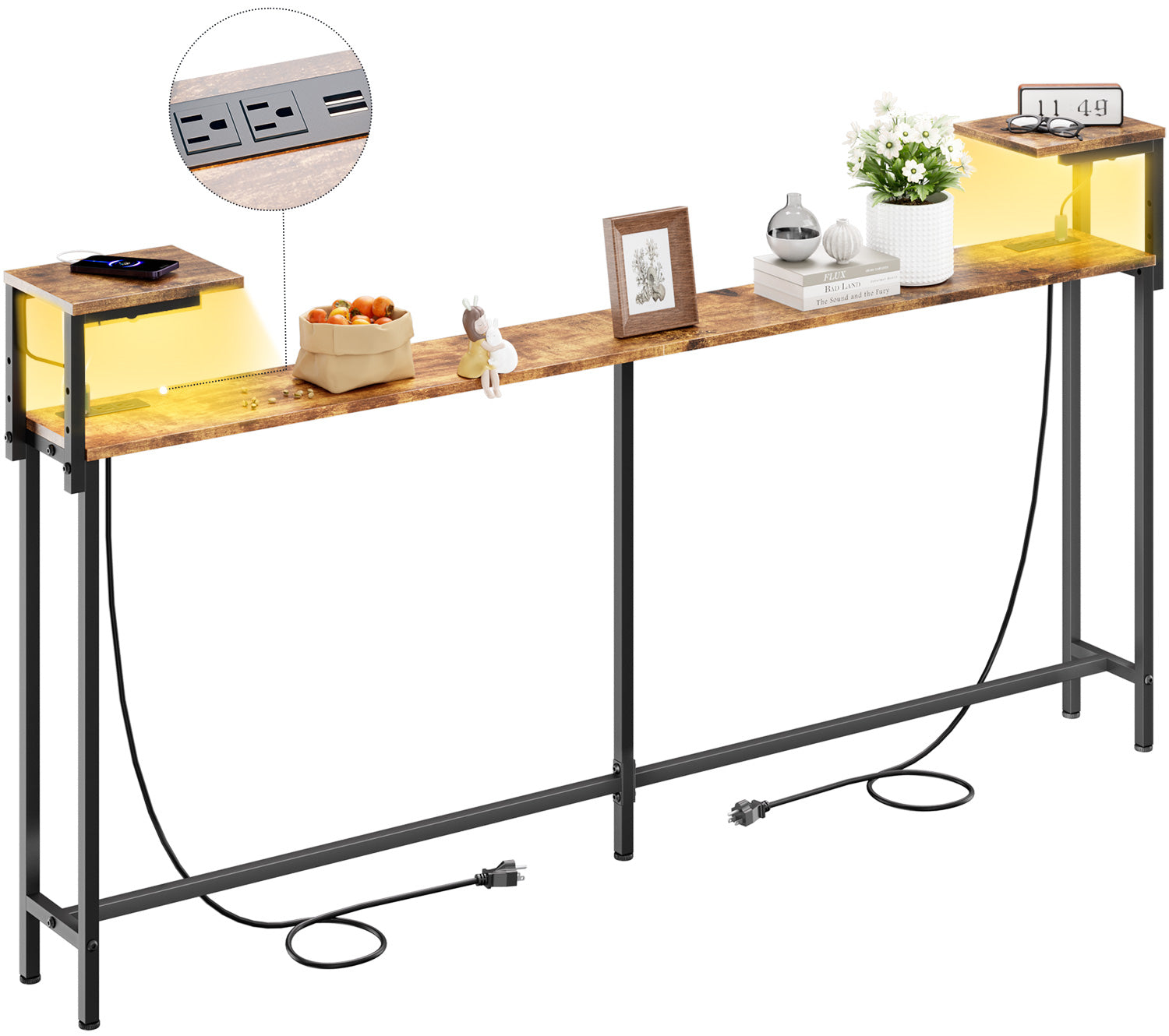71 Inch Narrow Console Table with Outlet, Behind Couch Table with Double Storage Shelves, Narrow Long Sofa Table with LED Light for Living Room