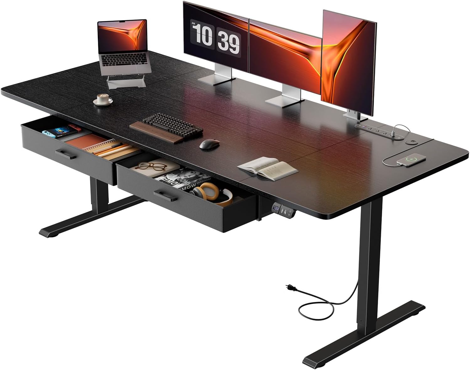 Electric Standing Desk with Drawers & Storage, Height Adjustable Desk with Power Outlets & USB Ports, Stand Up Desk, Sit Stand Desk for Home, Office