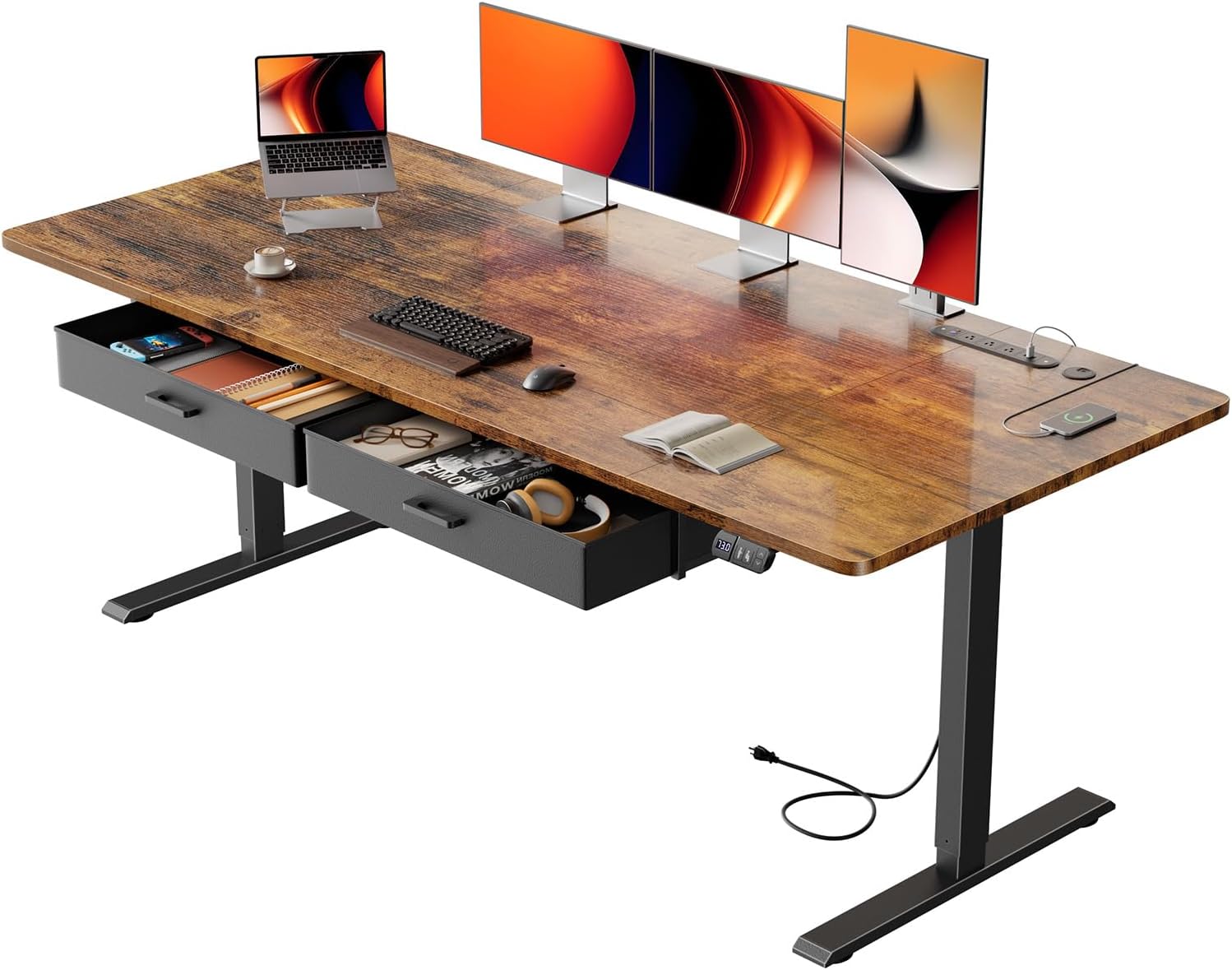 Electric Standing Desk with Drawers & Storage, Height Adjustable Desk with Power Outlets & USB Ports, Stand Up Desk, Sit Stand Desk for Home, Office