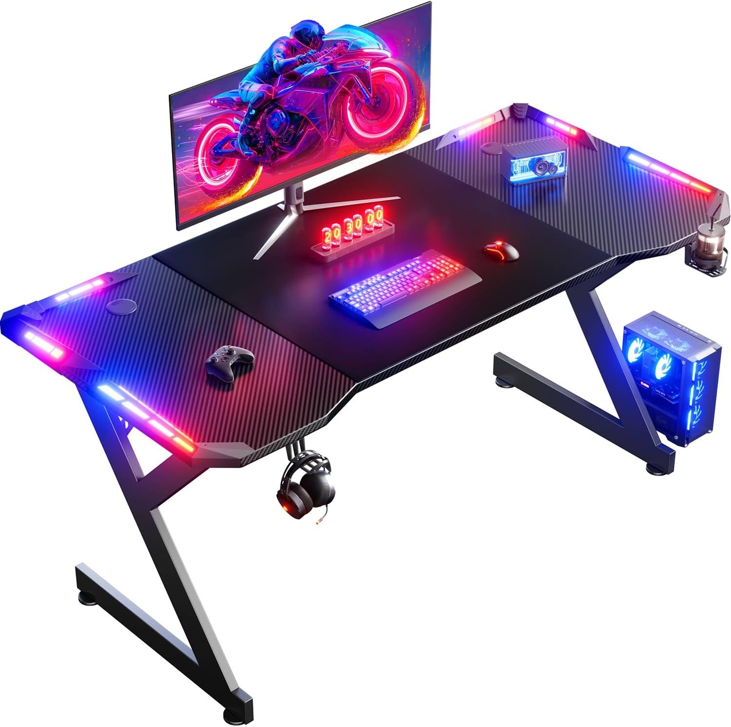 HLDIRECT Gaming Desk with LED Lights, Home Office Gamer Desk, Ergonomic Computer Table with Large Carbon Fiber Desktop, Cup Holder & Headphone Hook, Black