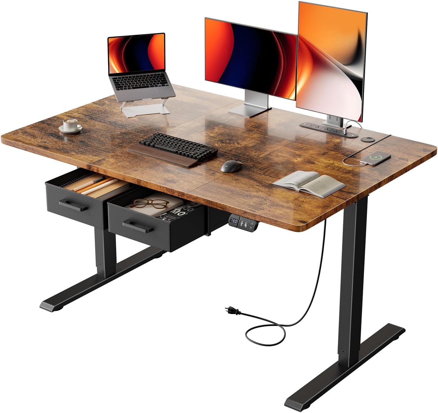 47×31.5 inches Electric Standing Desk with Drawers & Storage,  Height Adjustable Desk with Power Outlets & USB Ports, Stand Up Desk, Sit Stand Desk for Home, Office