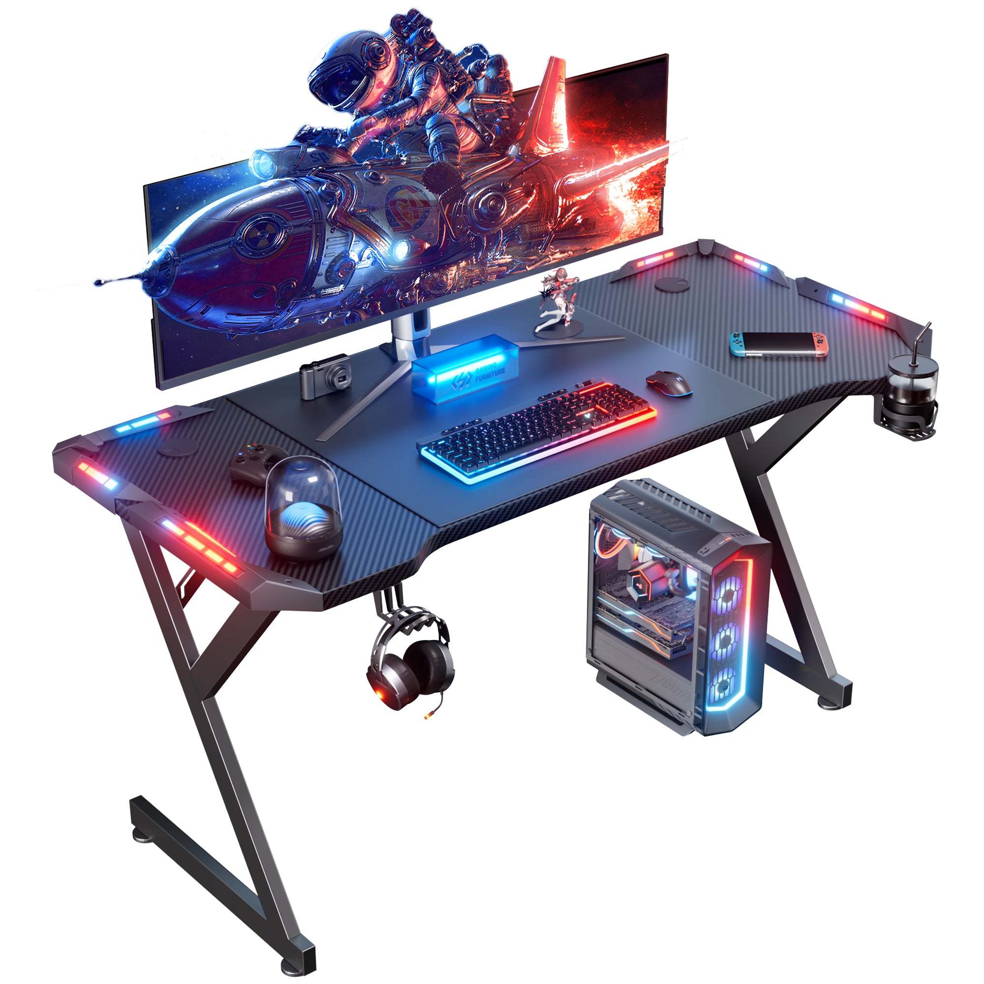 HLDIRECT Gaming Desk with LED Lights, Home Office Gamer Desk, Ergonomic Computer Table with Large Carbon Fiber Desktop, Cup Holder & Headphone Hook, Black
