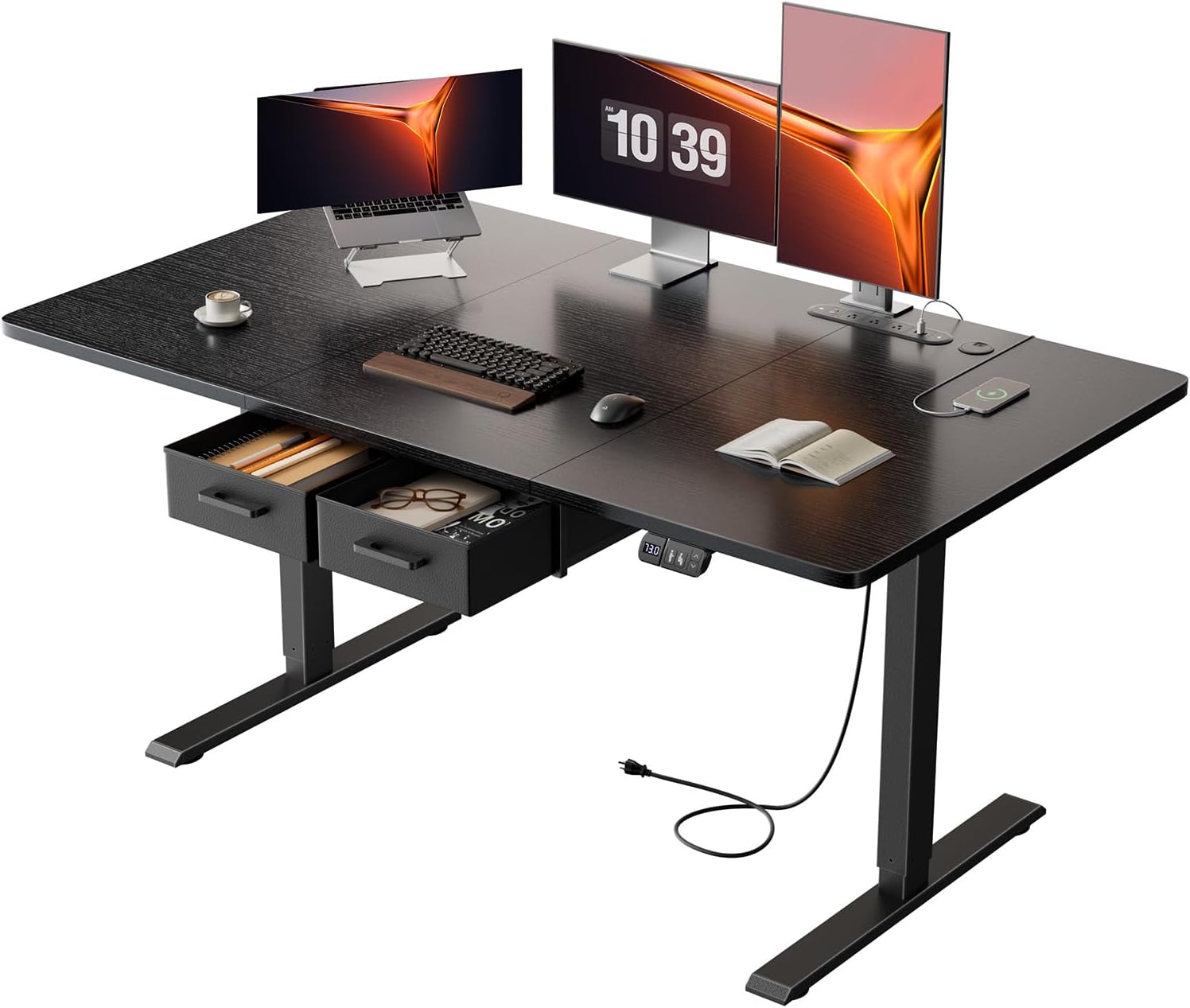 55 × 31.5 inches Electric Standing Desk with Drawers & Storage,  Height Adjustable Desk with Power Outlets & USB Ports, Stand Up Desk, Sit Stand Desk for Home, Office, Rustic Brown