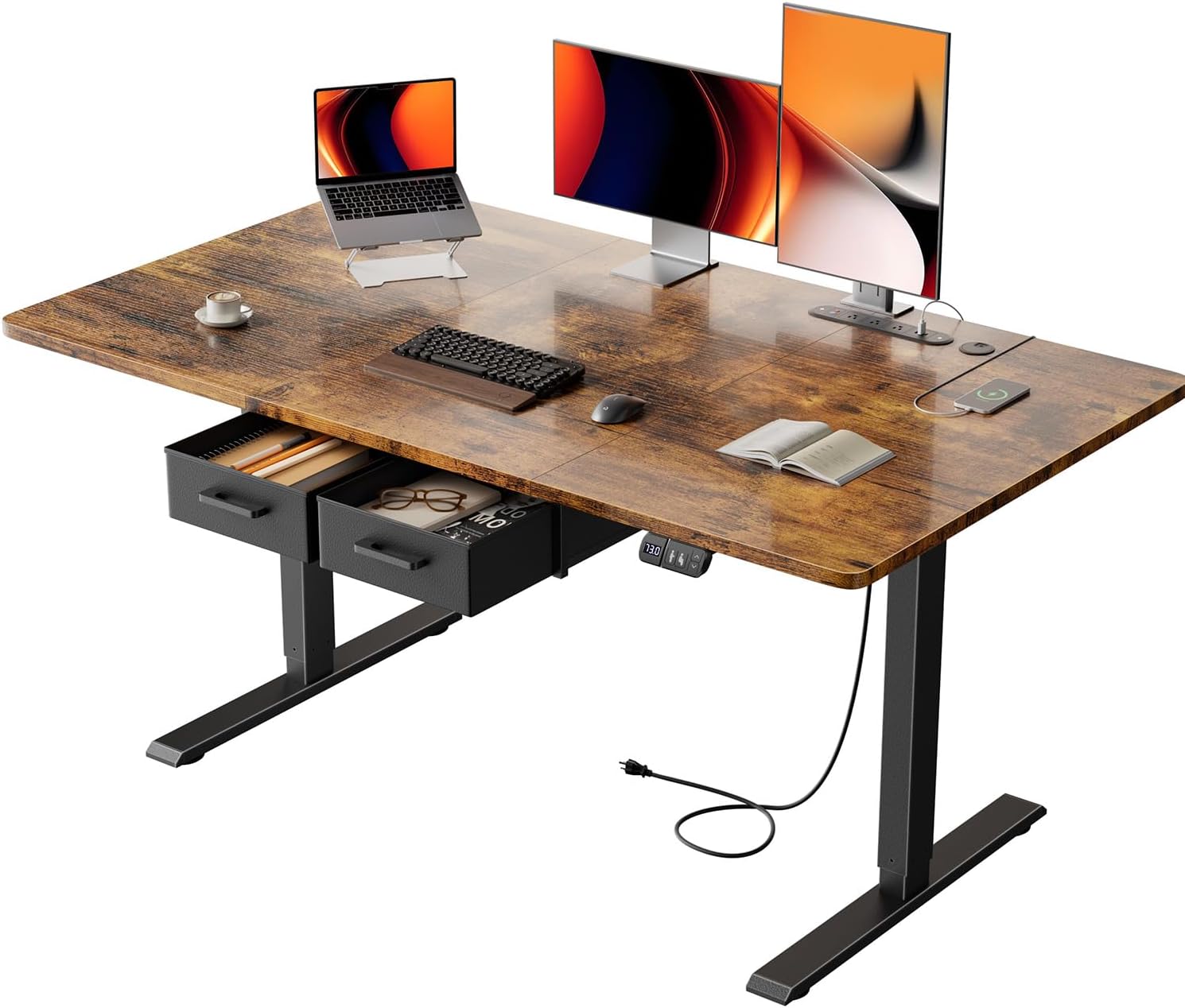 55 × 31.5 inches Electric Standing Desk with Drawers & Storage,  Height Adjustable Desk with Power Outlets & USB Ports, Stand Up Desk, Sit Stand Desk for Home, Office, Rustic Brown