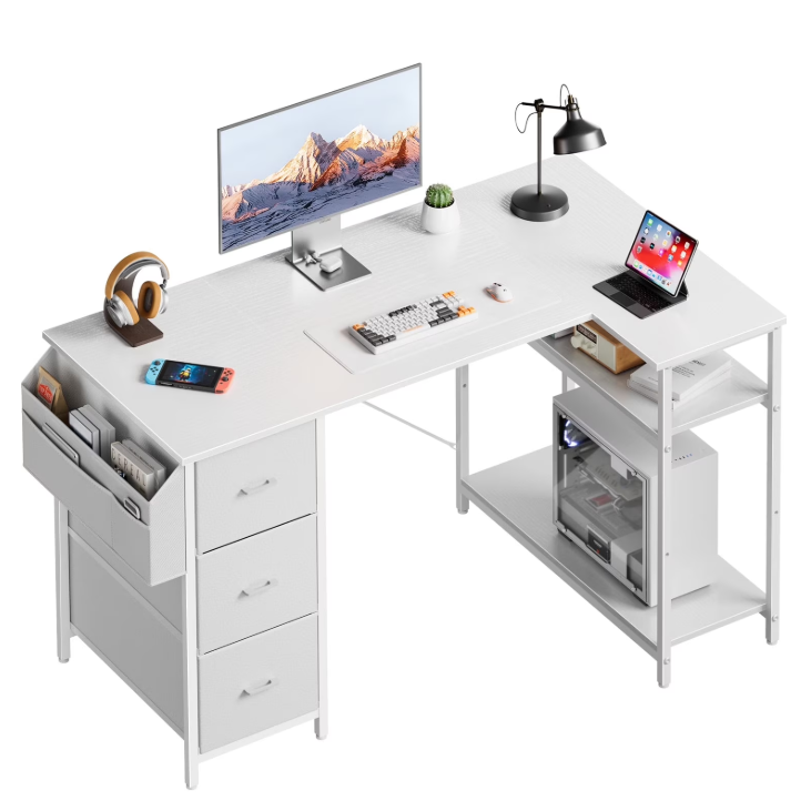 HLDIRECT L Shaped Computer Desk with Drawers & Storage Shelves
