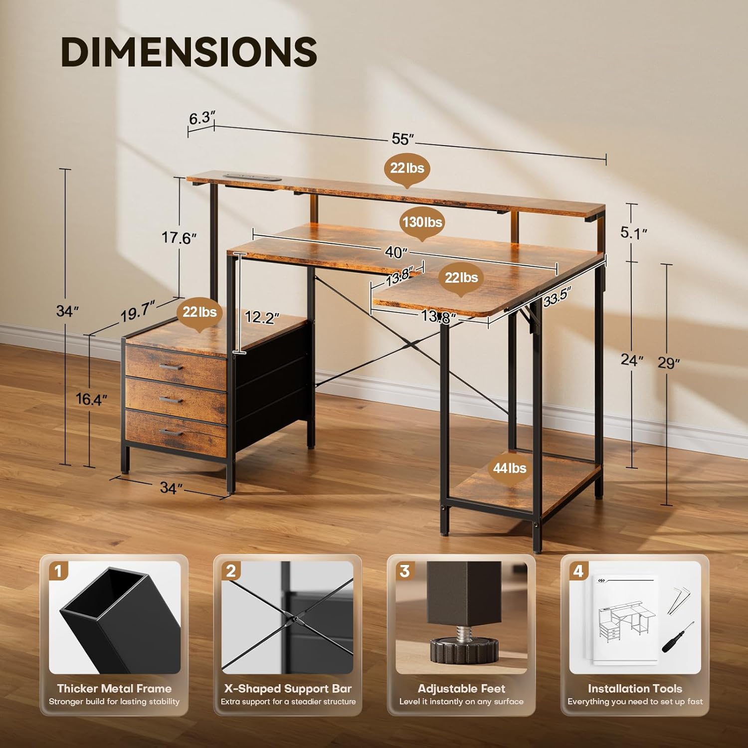 HLDIRECT 55 inch Gaming Desk with Power Outlets & LED Lights, Computer Desk with 3 drawers & Storage Shelves, Gaming Table with Monitor Stand and Foldable Tabletop