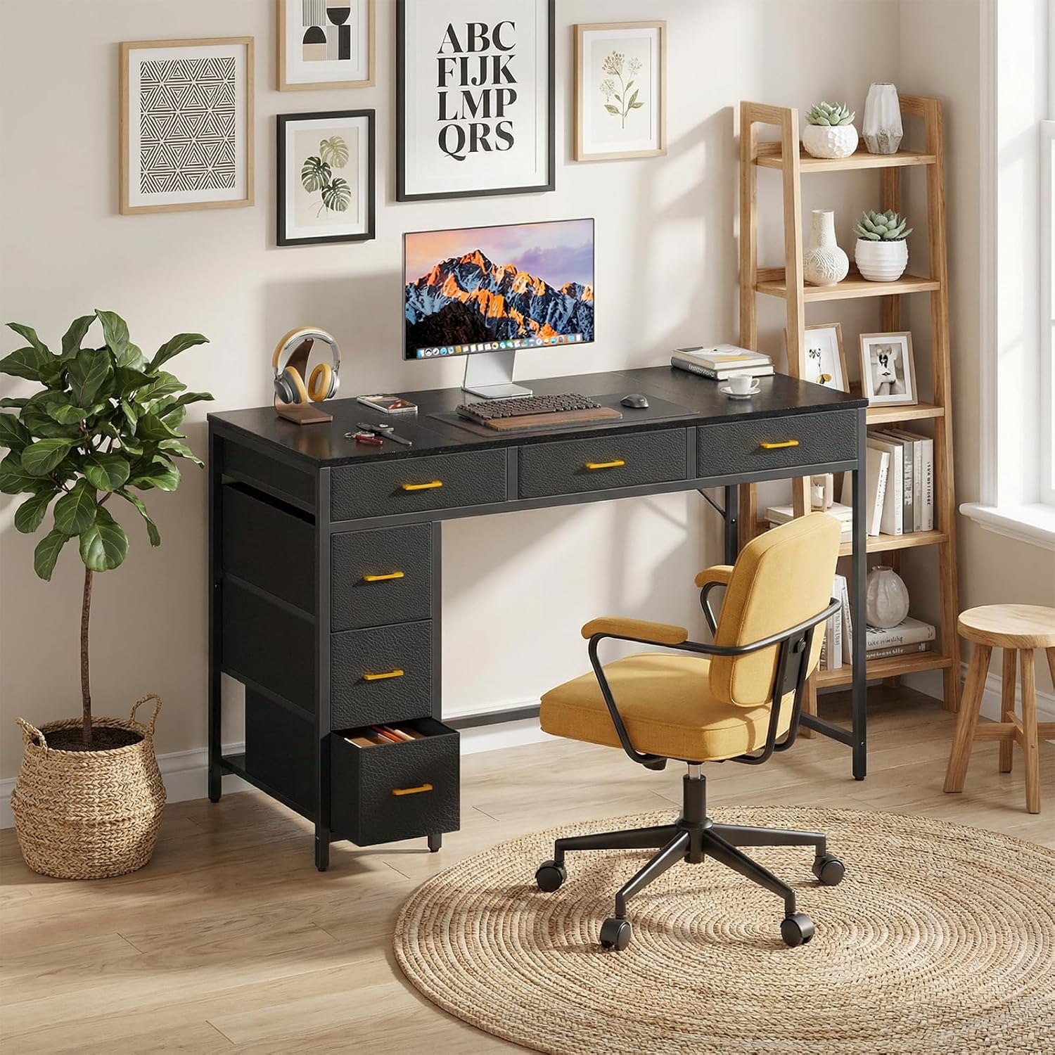 HLDIRECT 47 inch Computer Desk with 6 Drawers, Reversible Home Office Desk with Storage, Office Desk for Home Office, Writing, Study, Work, Living Room