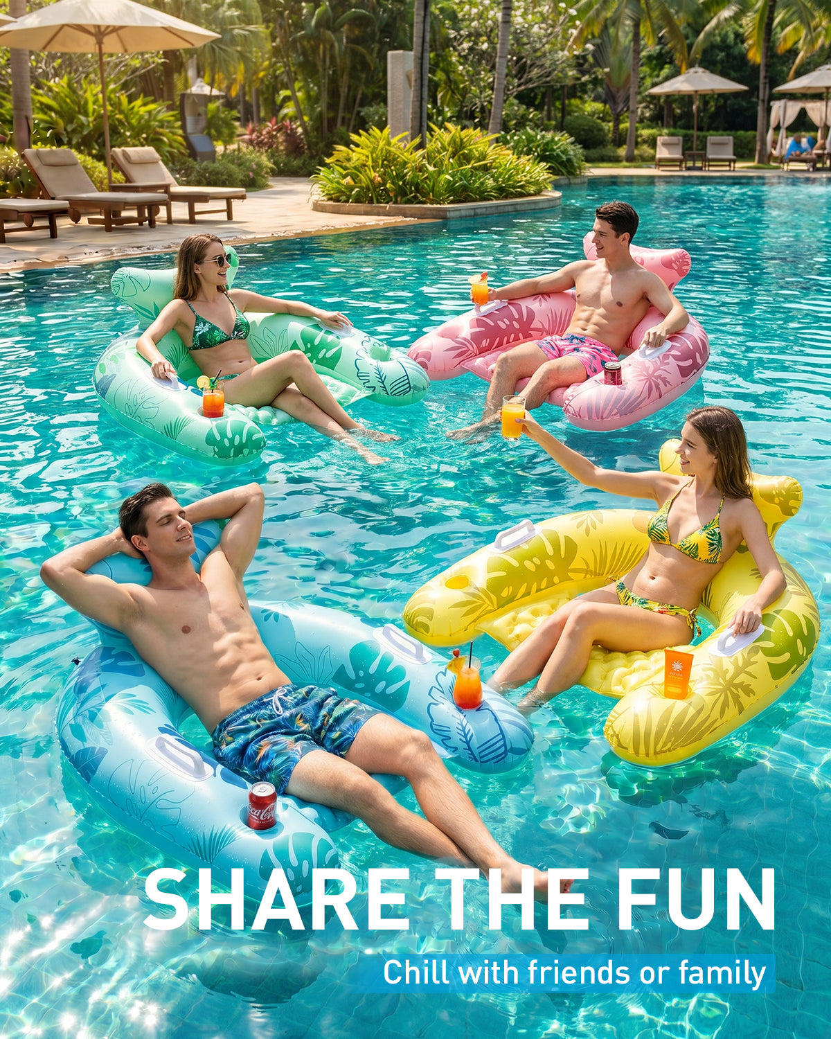 HLDIRECT Floating Pool Lounger with Cup Holders & Ergonomic Headrest | Inflatable Water Chair for Pool Parties, Lake, Ocean, with Handles for Easy Carry