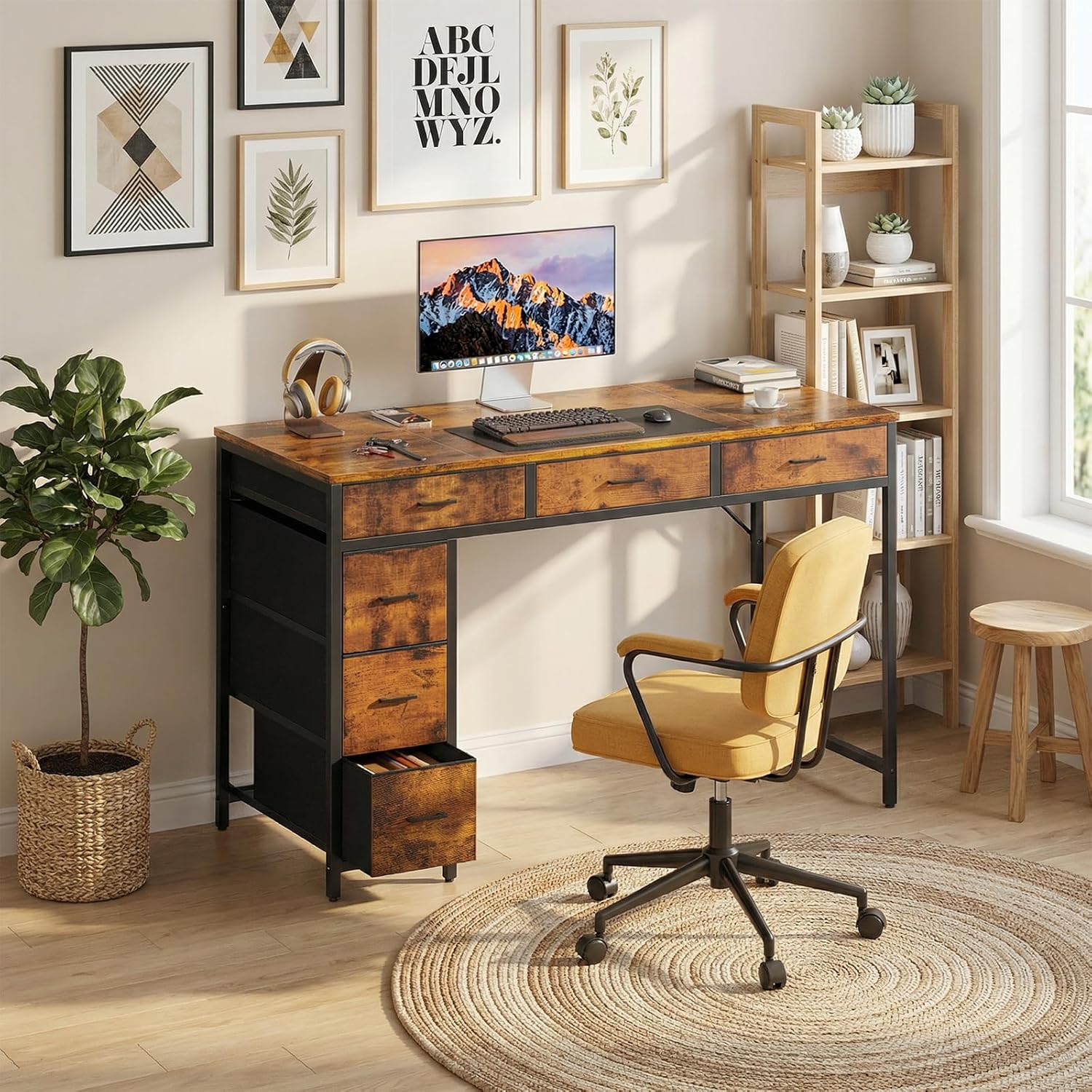 HLDIRECT 47 inch Computer Desk with 6 Drawers, Reversible Home Office Desk with Storage, Office Desk for Home Office, Writing, Study, Work, Living Room