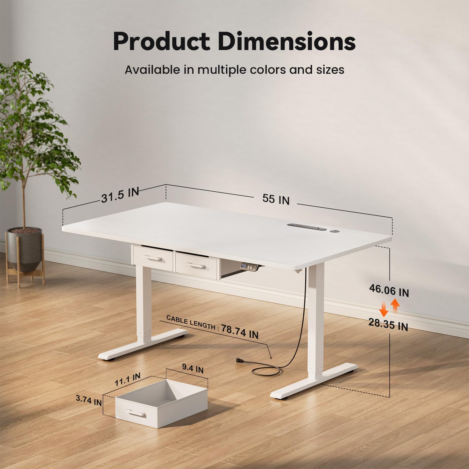 55 × 31.5 inches Electric Standing Desk with Drawers & Storage,  Height Adjustable Desk with Power Outlets & USB Ports, Stand Up Desk, Sit Stand Desk for Home, Office, Rustic Brown