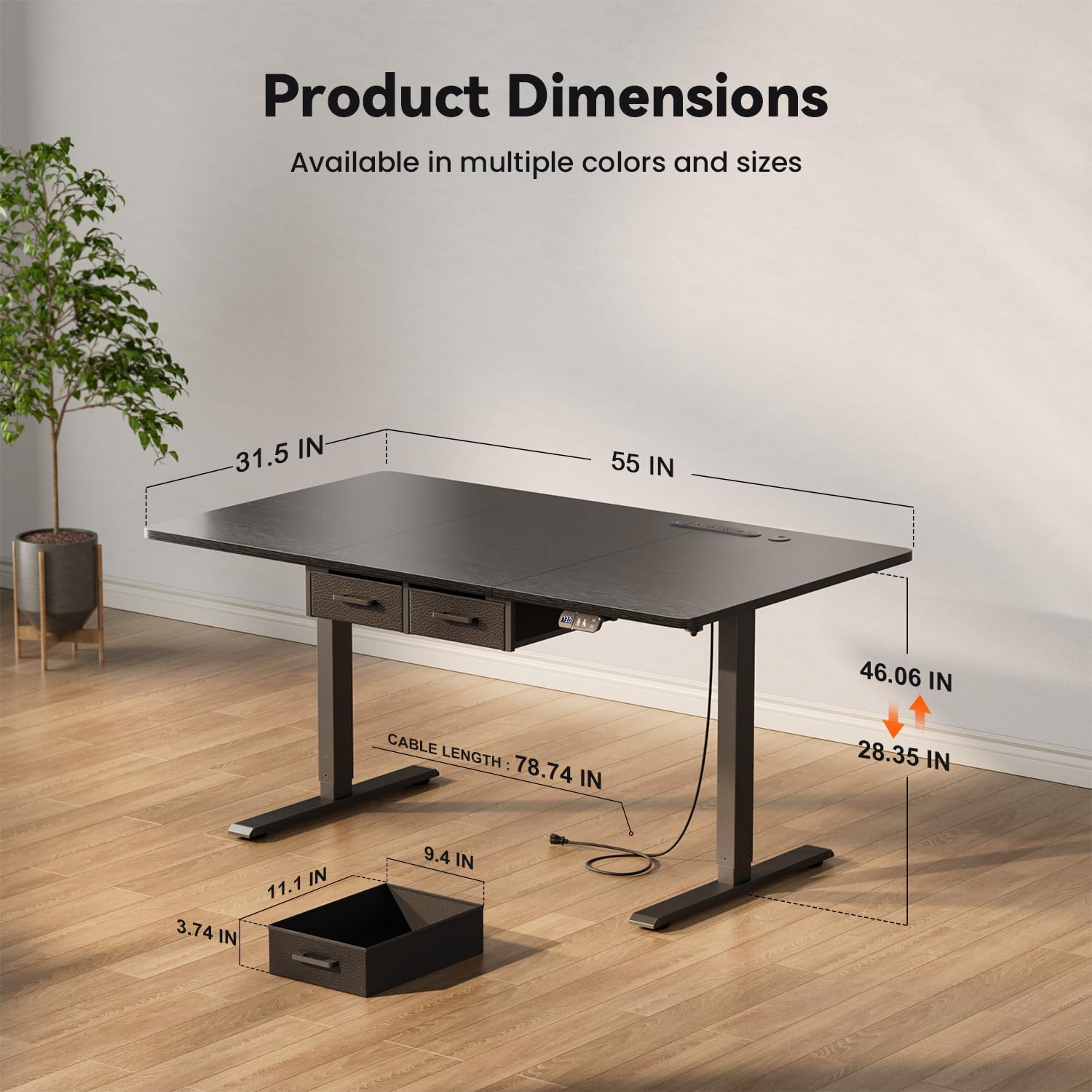 55 × 31.5 inches Electric Standing Desk with Drawers & Storage,  Height Adjustable Desk with Power Outlets & USB Ports, Stand Up Desk, Sit Stand Desk for Home, Office, Rustic Brown