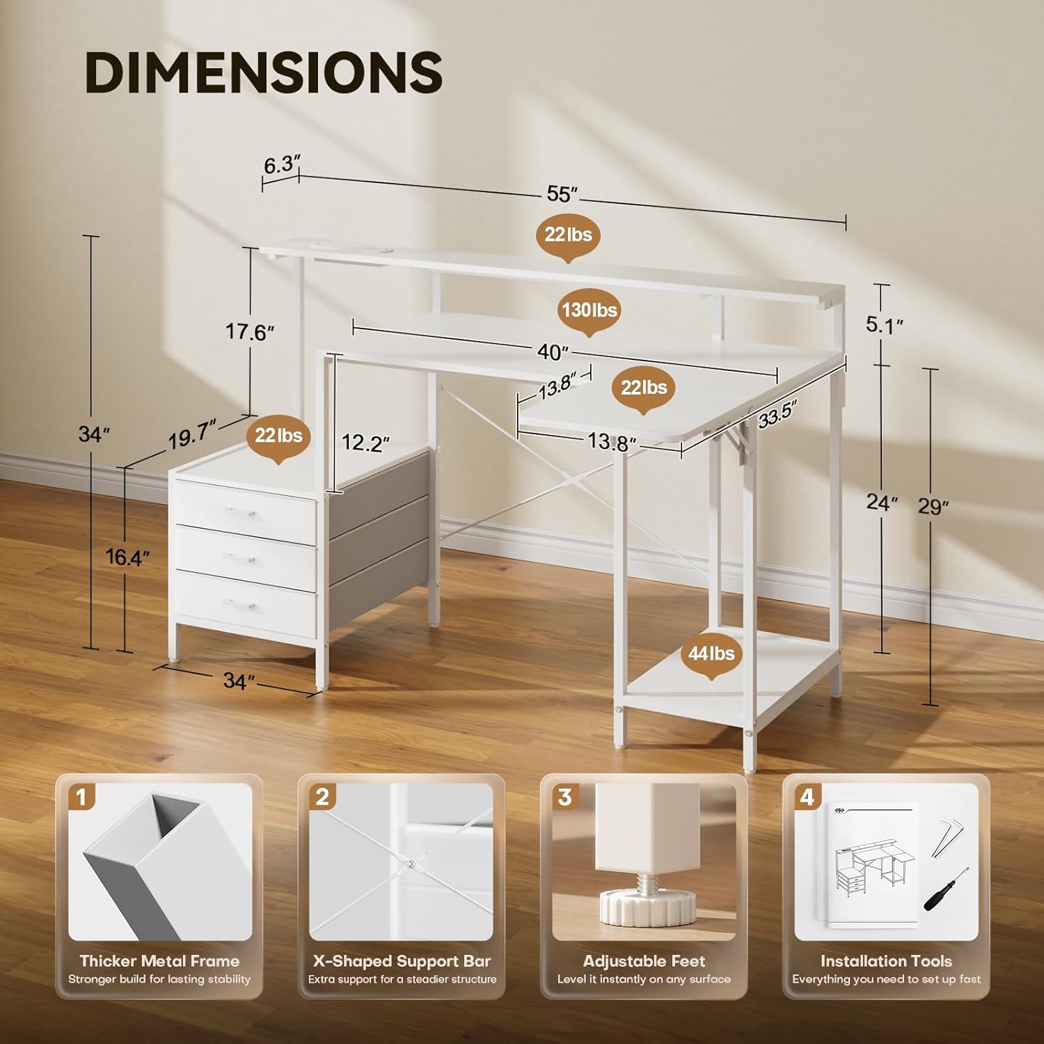 HLDIRECT 55 inch Gaming Desk with Power Outlets & LED Lights, Computer Desk with 3 drawers & Storage Shelves, Gaming Table with Monitor Stand and Foldable Tabletop