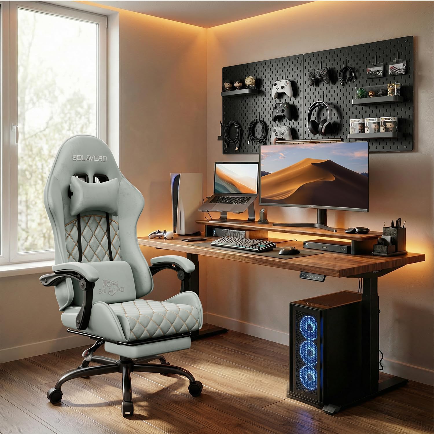 HLDIRECT Gaming Chair, Ergonomic Fabric Gamer Chair, Video Game Chair with Footrest and Massage Lumbar Cushion, Computer Office Chair