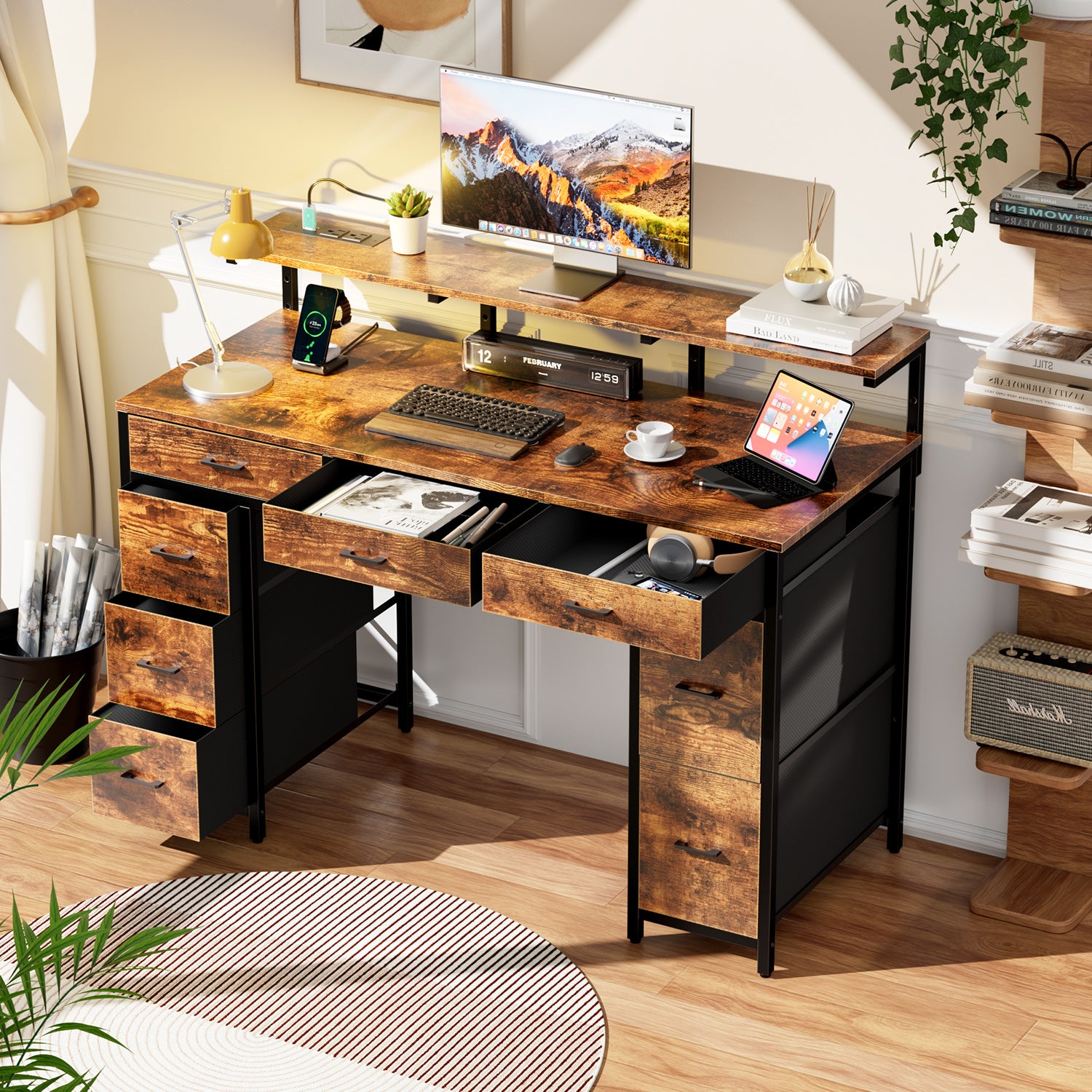 47 inch Computer Desk with 8 Storage Drawers, Gaming Desk with LED Lights & USB Power Outlets