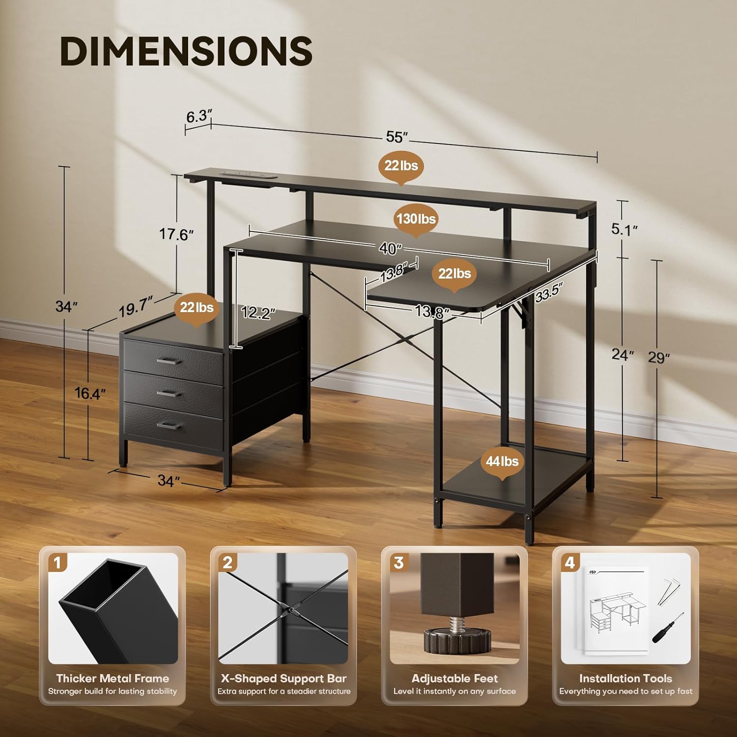 HLDIRECT 55 inch Gaming Desk with Power Outlets & LED Lights, Computer Desk with 3 drawers & Storage Shelves, Gaming Table with Monitor Stand and Foldable Tabletop