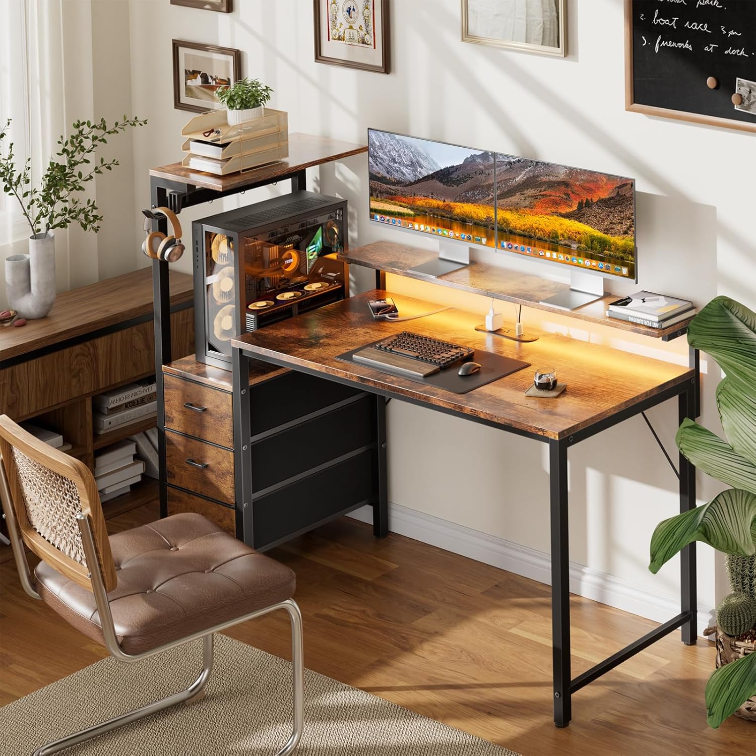 60 inch Gaming Desk with Led Lights & Outlets, Computer Desk with 3 Drawers & Shelves, Gamer Desk with Monitor Stand & Side Hooks for Game Room, Home Office
