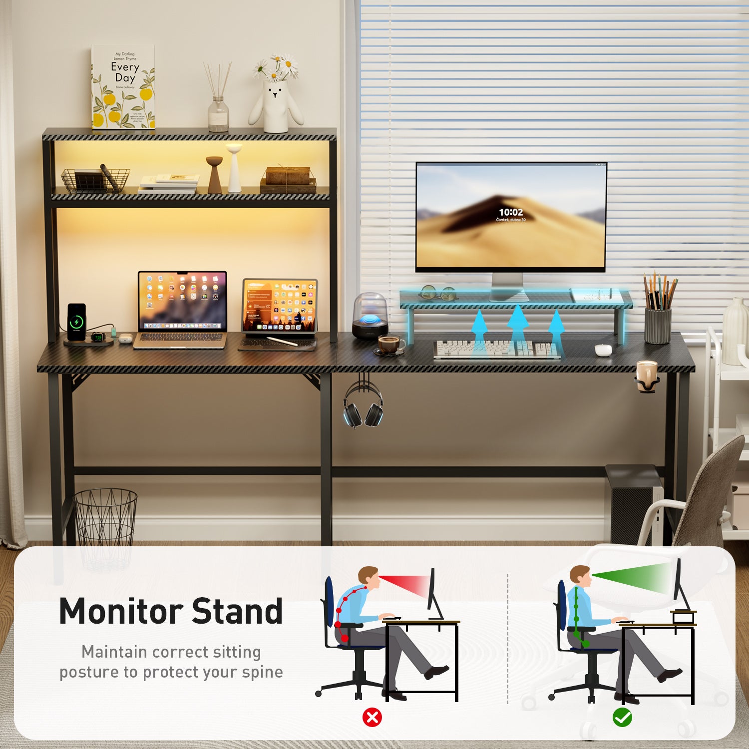 HLDIRECT L Shaped Gaming Desk with LED Light & Power Outlet- 67 Inch Reversible Computer Desk with Shelves and Monitor Stand, Ergonomic Carbon Fiber Corner Desk with Cup Holder & 2 Heaphone Hooks