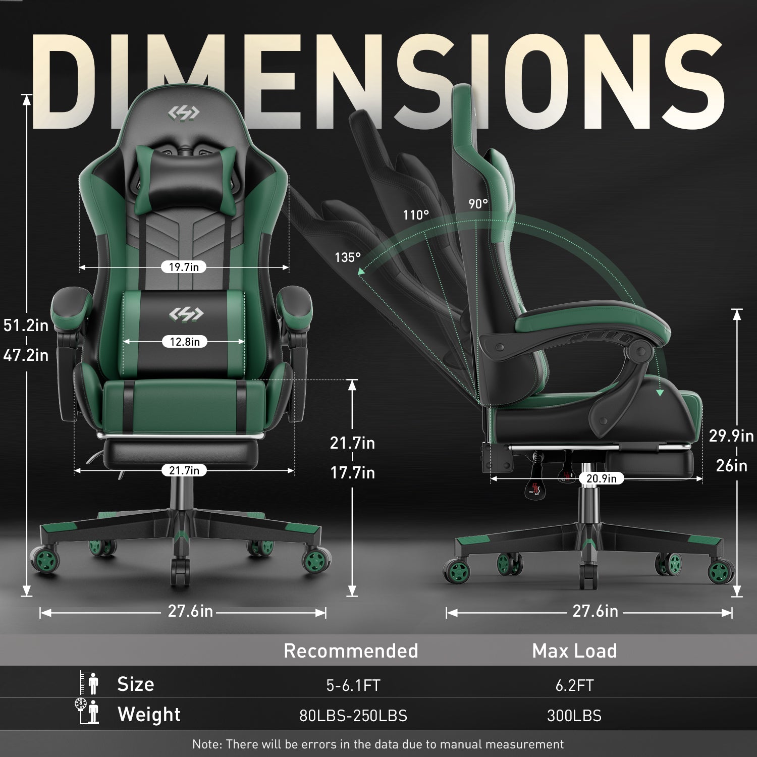HLDIRECT Gaming Chair with Pocket Spring Cushion, Video Game Chair, Gaming Computer Chair, Ergonomic Chairs for Adults with Headrest and Lumbar Support, Swivel PU Leather Office Chair, Green