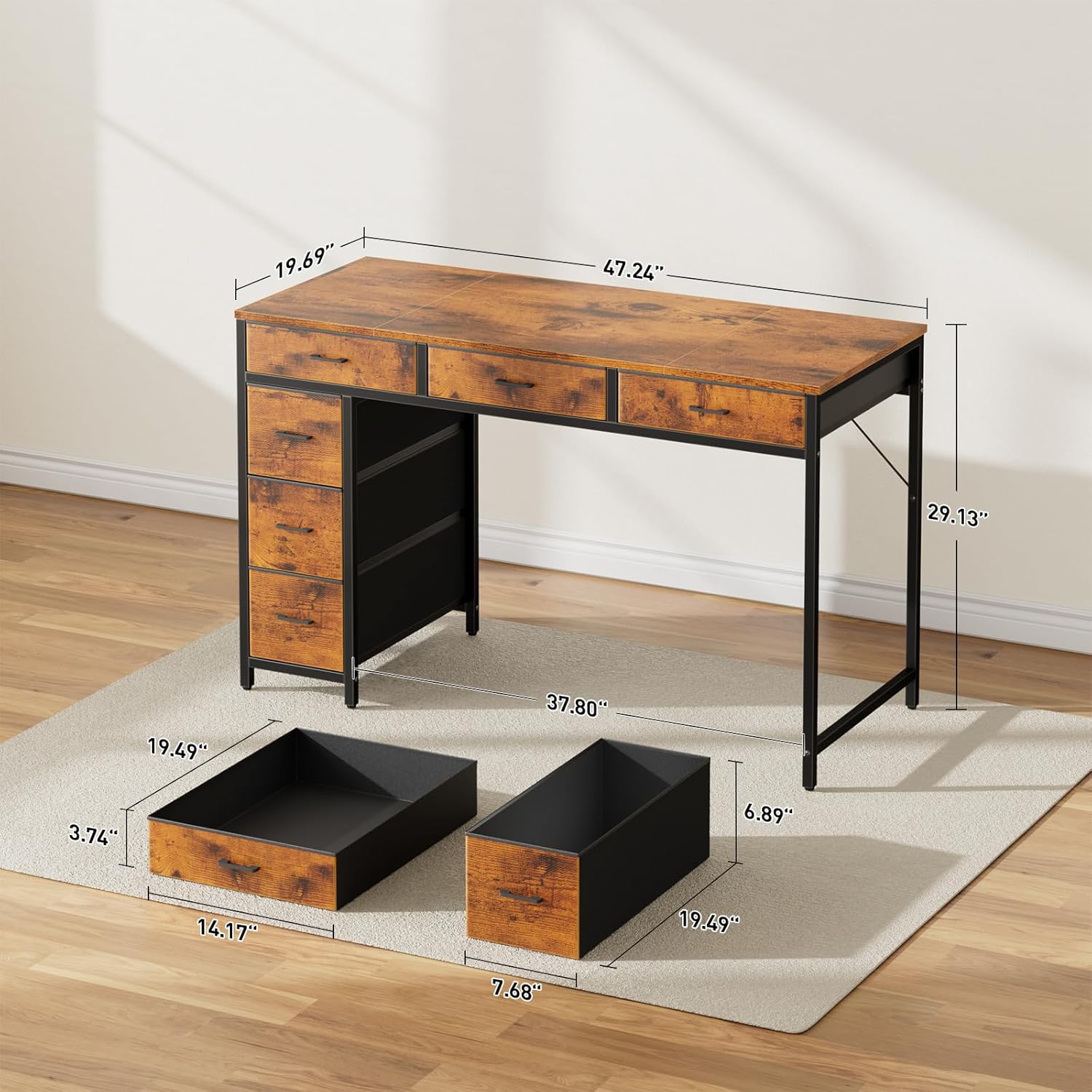 HLDIRECT 47 inch Computer Desk with 6 Drawers, Reversible Home Office Desk with Storage, Office Desk for Home Office, Writing, Study, Work, Living Room