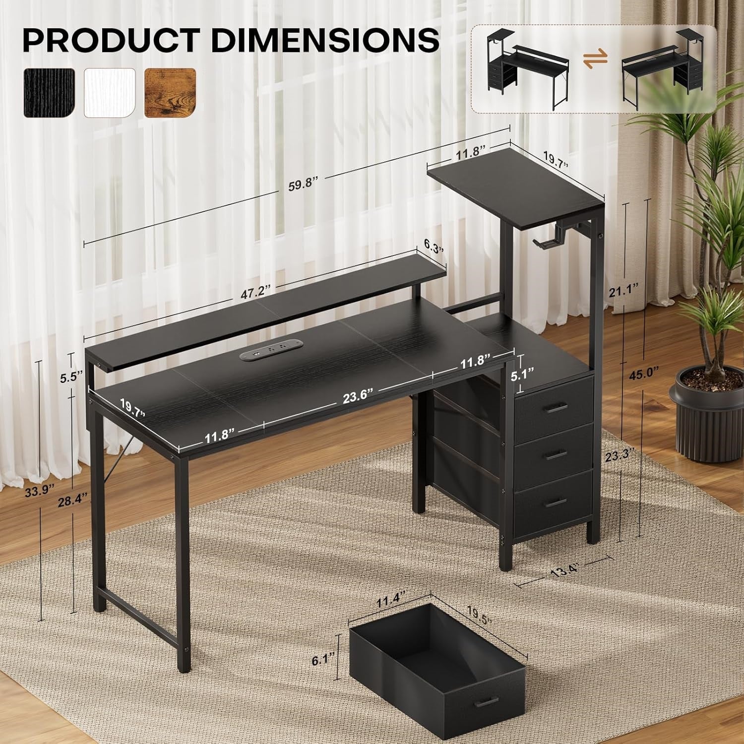 60 inch Gaming Desk with Led Lights & Outlets, Computer Desk with 3 Drawers & Shelves, Gamer Desk with Monitor Stand & Side Hooks for Game Room, Home Office