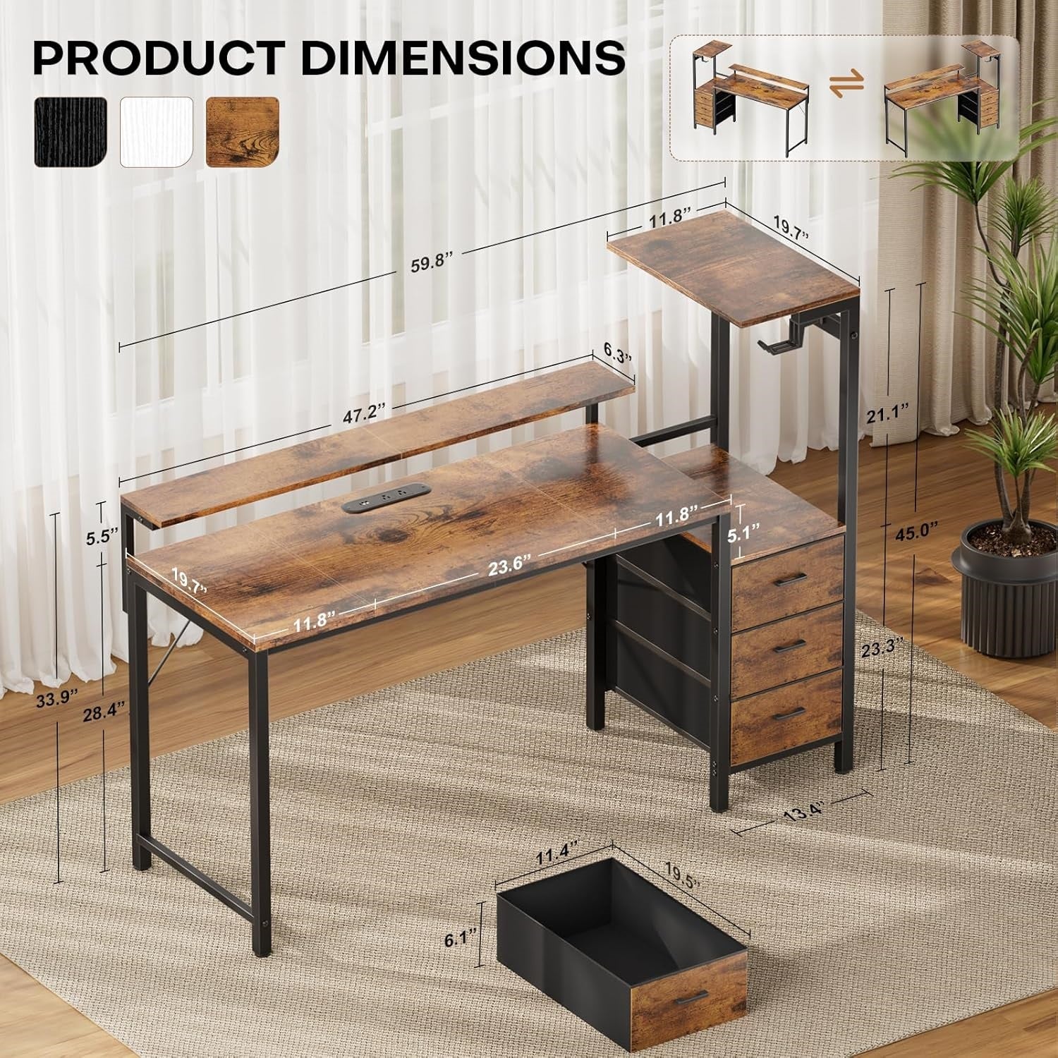 60 inch Gaming Desk with Led Lights & Outlets, Computer Desk with 3 Drawers & Shelves, Gamer Desk with Monitor Stand & Side Hooks for Game Room, Home Office