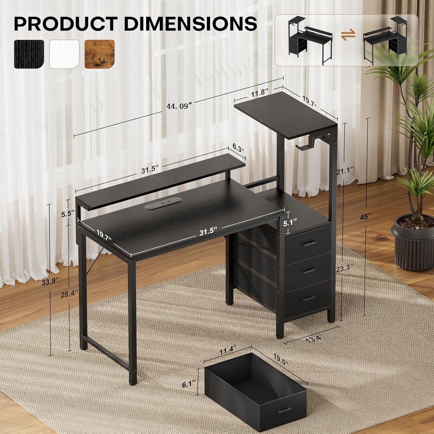 44 inch Gaming Desk with Led Lights & Outlets, Computer Desk with 3 Drawers & Shelves, Gamer Desk with Monitor Stand & Side Hooks for Game Room, Home Office