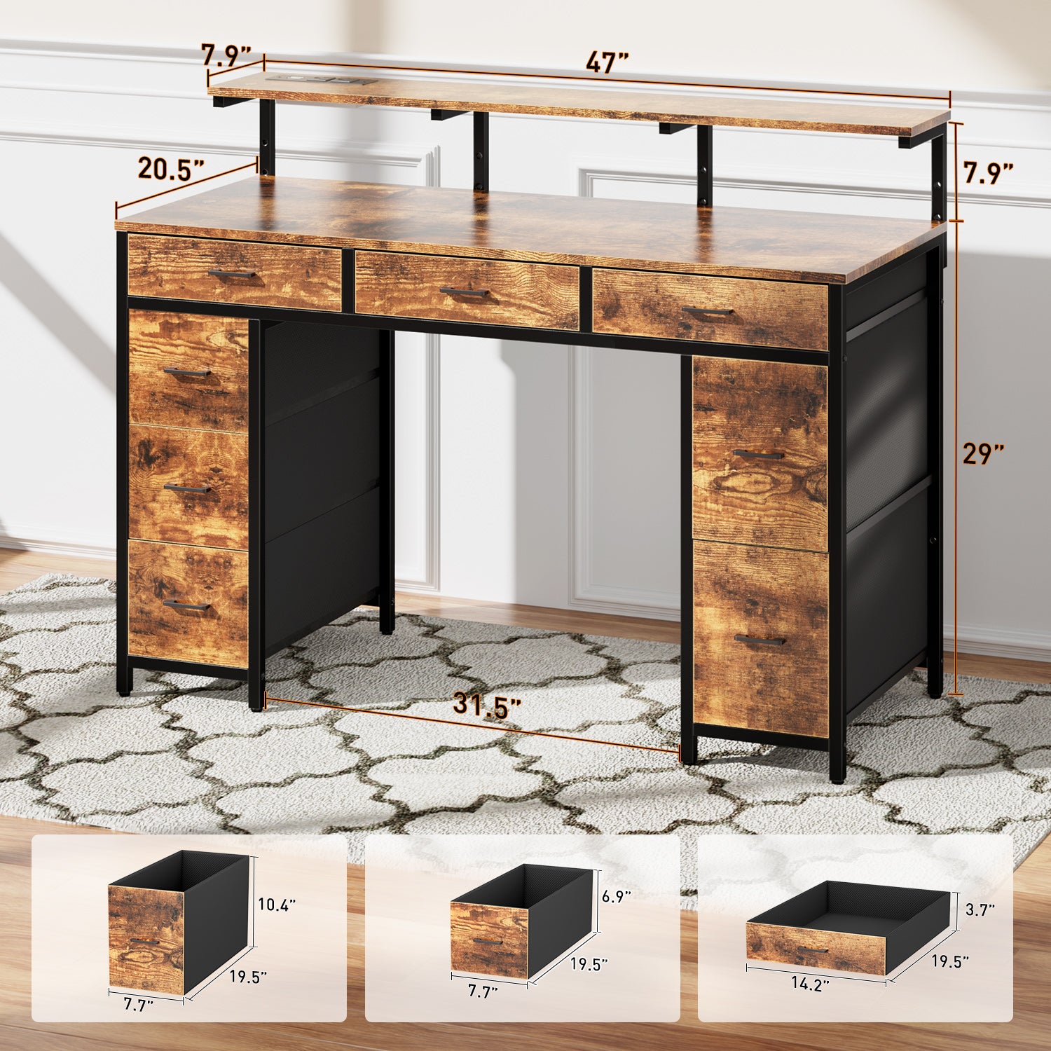 47 inch Computer Desk with 8 Storage Drawers, Gaming Desk with LED Lights & USB Power Outlets