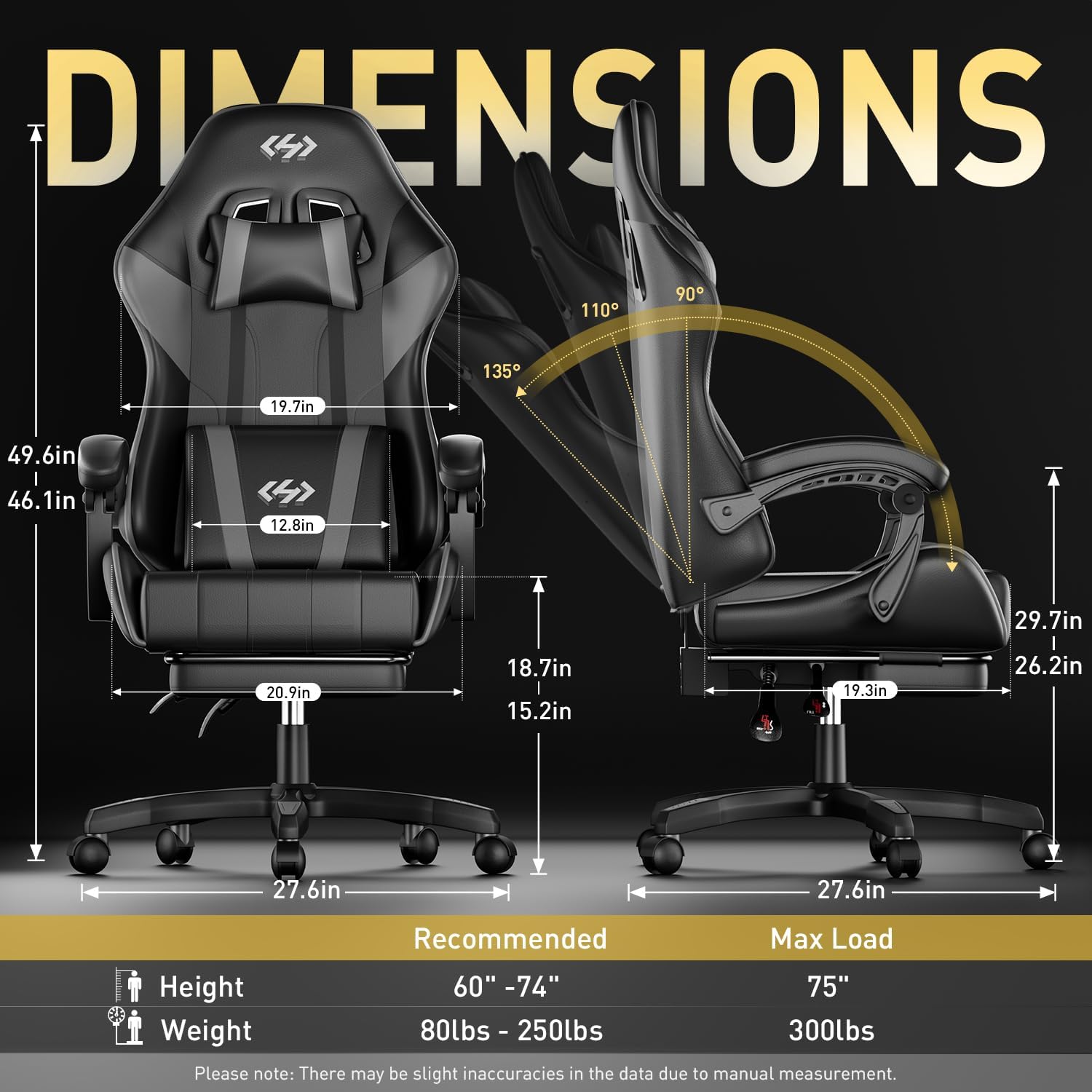 HLDIRECT Gaming Chair with Footrest, Computer Chair with Lumbar for Adults