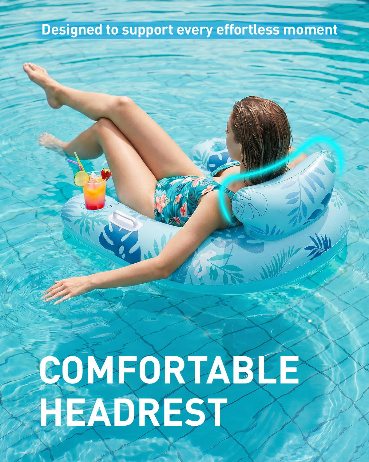 HLDIRECT Floating Pool Lounger with Cup Holders & Ergonomic Headrest | Inflatable Water Chair for Pool Parties, Lake, Ocean, with Handles for Easy Carry