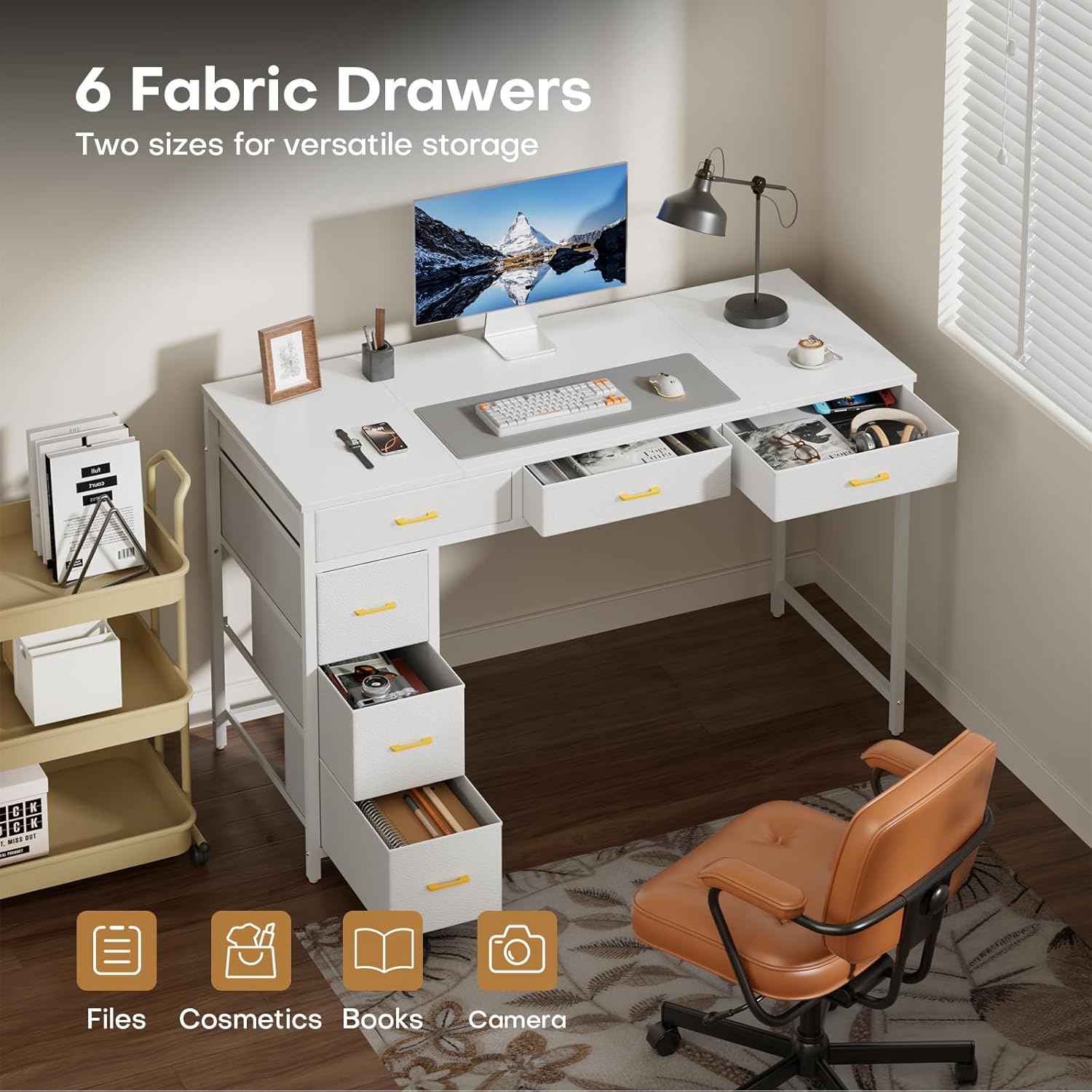 HLDIRECT 47 inch Computer Desk with 6 Drawers, Reversible Home Office Desk with Storage, Office Desk for Home Office, Writing, Study, Work, Living Room