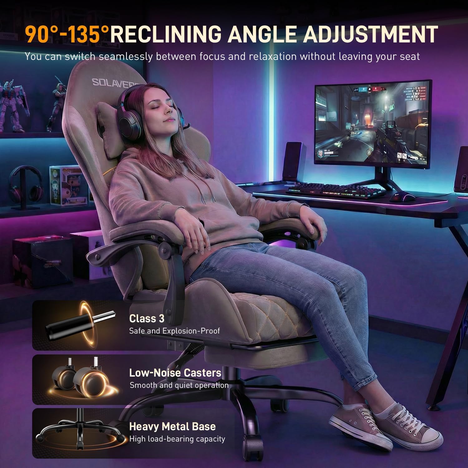 HLDIRECT Gaming Chair, Ergonomic Fabric Gamer Chair, Video Game Chair with Footrest and Massage Lumbar Cushion, Computer Office Chair