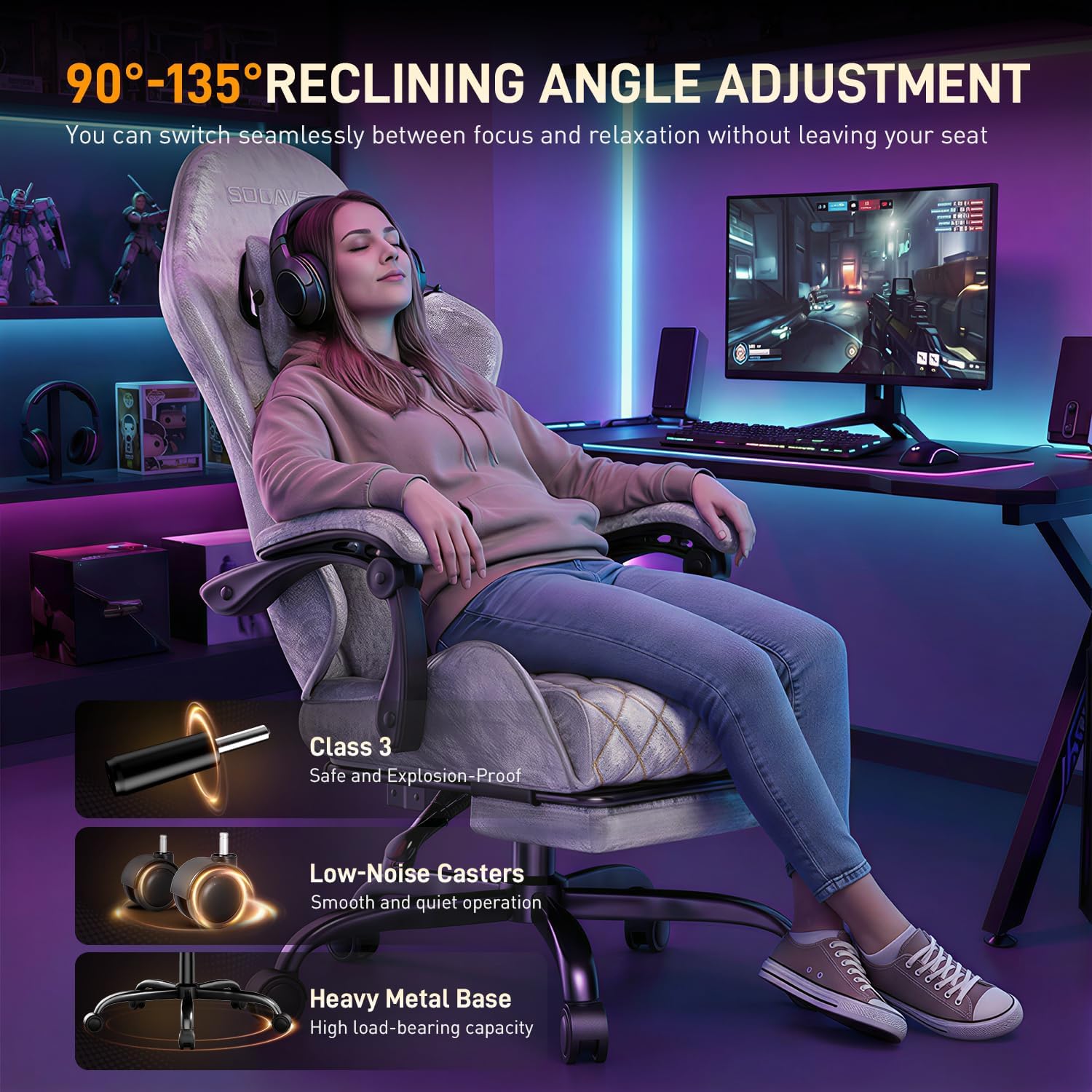 HLDIRECT Gaming Chair, Ergonomic Fabric Gamer Chair, Video Game Chair with Footrest and Massage Lumbar Cushion, Computer Office Chair