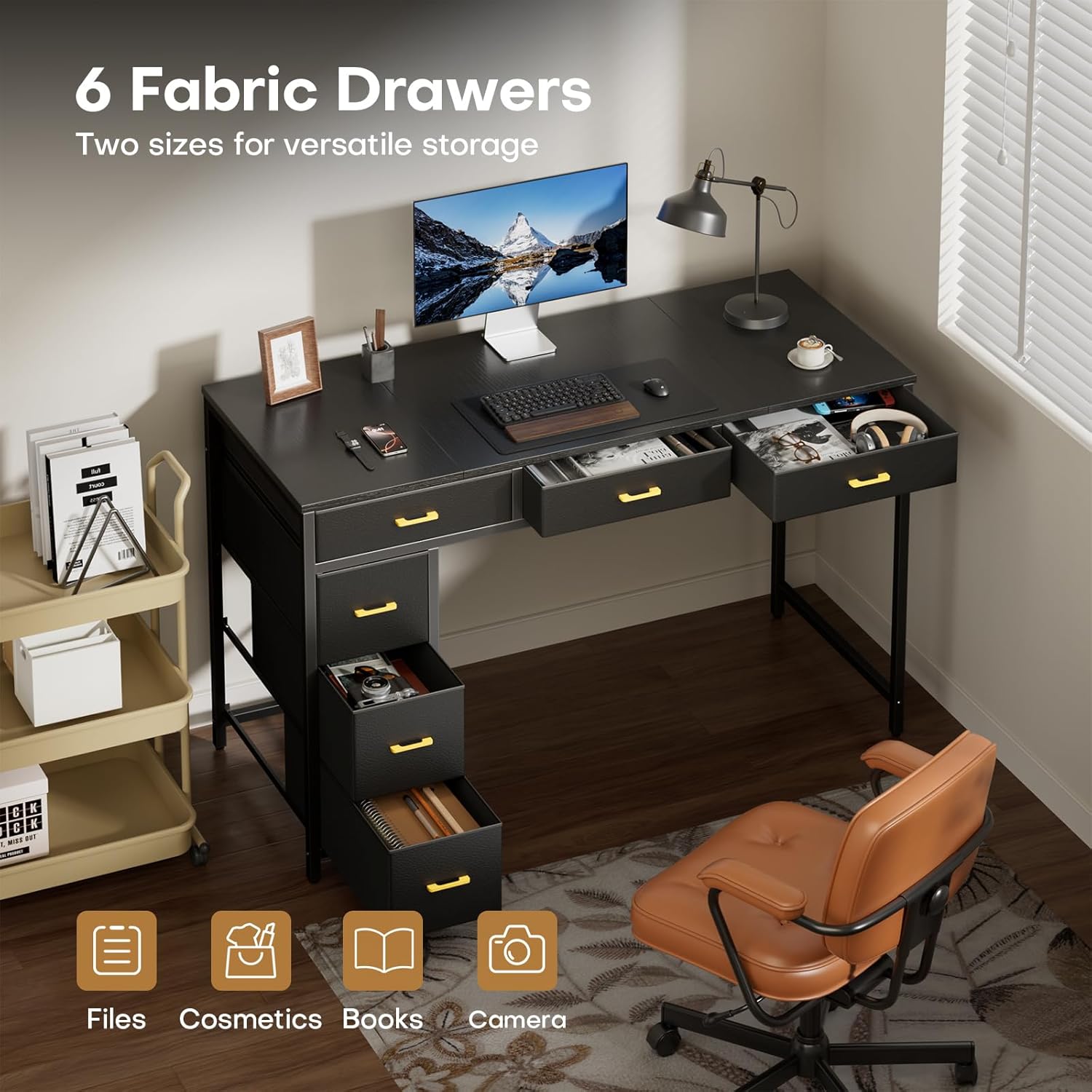 HLDIRECT 47 inch Computer Desk with 6 Drawers, Reversible Home Office Desk with Storage, Office Desk for Home Office, Writing, Study, Work, Living Room