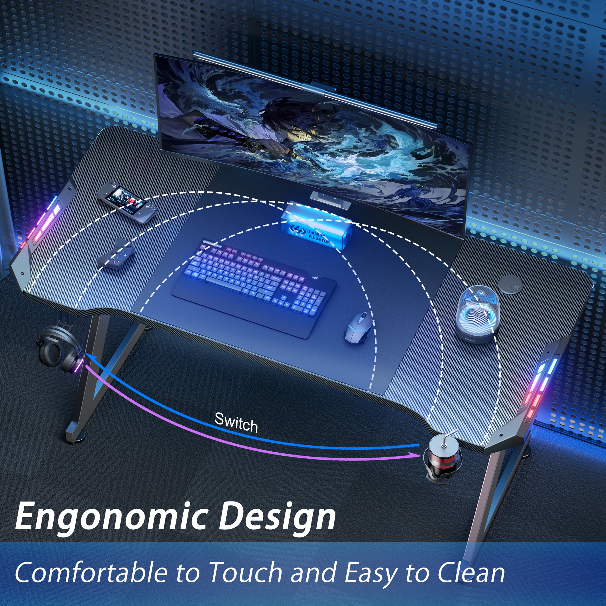 HLDIRECT 55 Inch Gaming Desk with LED Lights with Headphone Hook, Cup Holder, Black